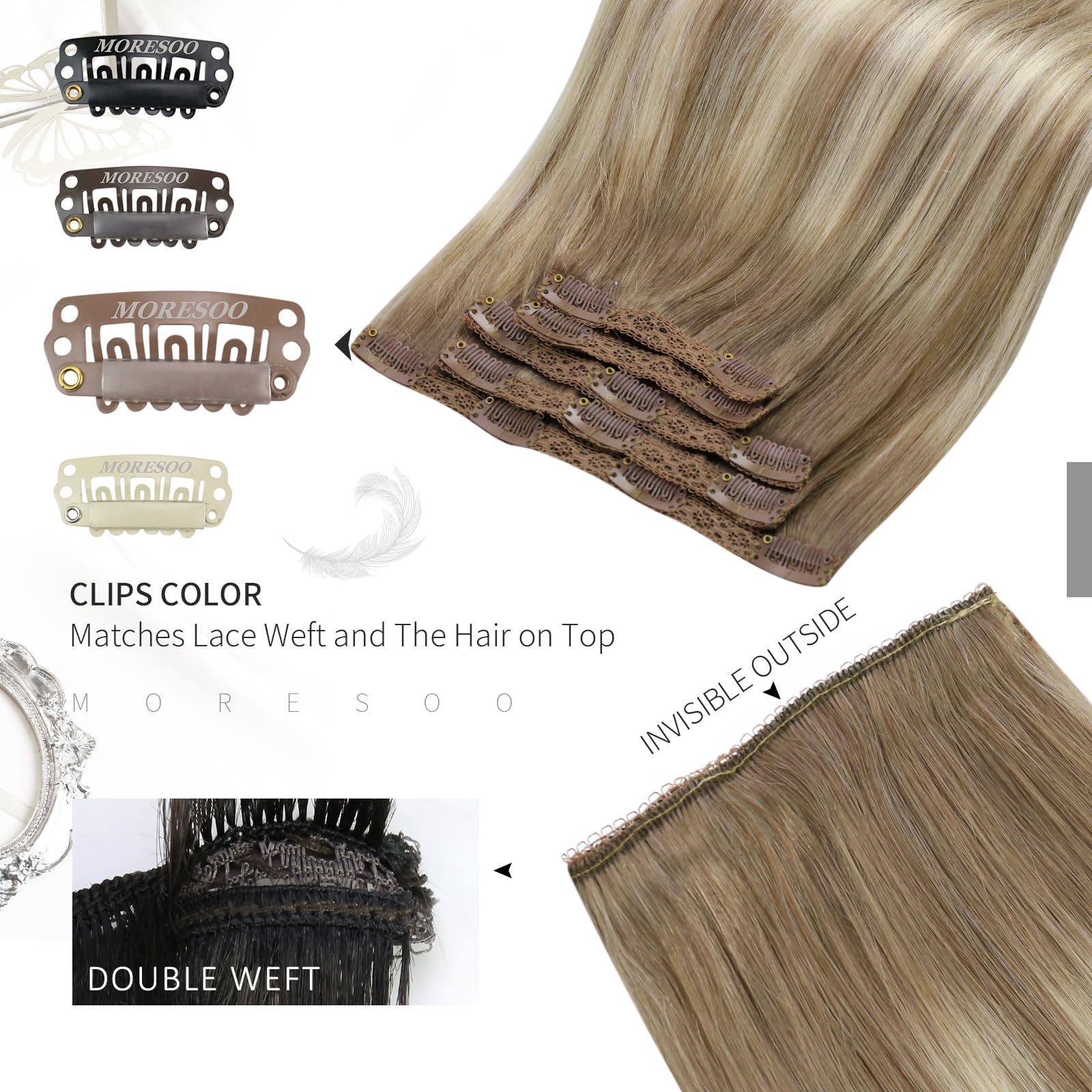 Moresoo Clip in Hair Extensions Real Human Hair 18 Inch Balayage Light Brown and Medium Blonde Clip in Human Hair Extensions Remy Straight Lightweight All Day Use 5pcs/80G #8/22/8 - Image 4