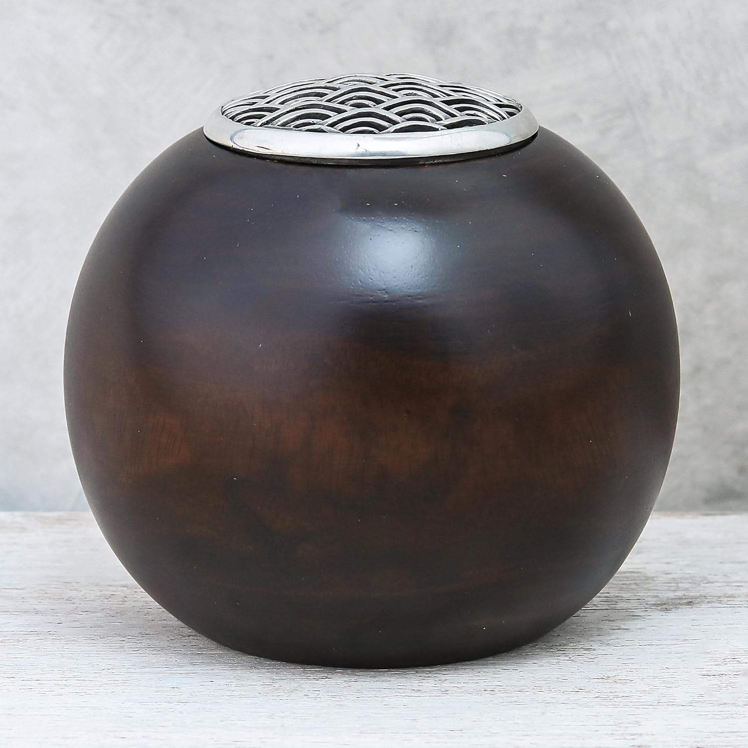 NOVICA Artisan Handmade Wood Pewter Decorative Jar Wave Motif 5 Inch Brown Thailand Accessories Jars Bottles [4.3in H x 5in Diam.] ' The Wave' 5 Inch