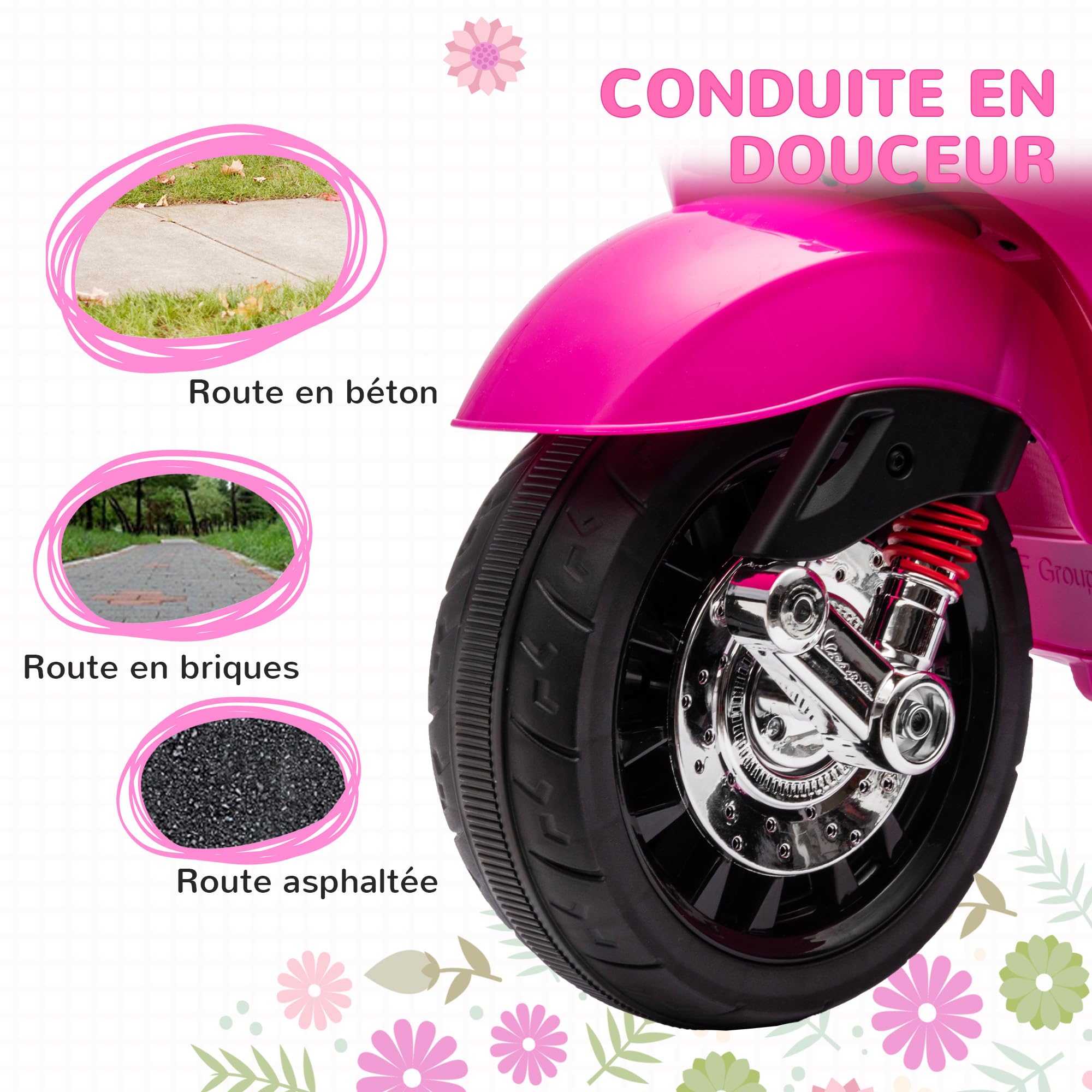 AIYAPLAY Scooter électrique Enfant Vespa 6 V Moto électrique pour Enfants 3-6 Ans dim. 107L x 47l x 73H cm Musique MP3 Port USB Radio FM Phare 2 Roues d'entraînement - Rose