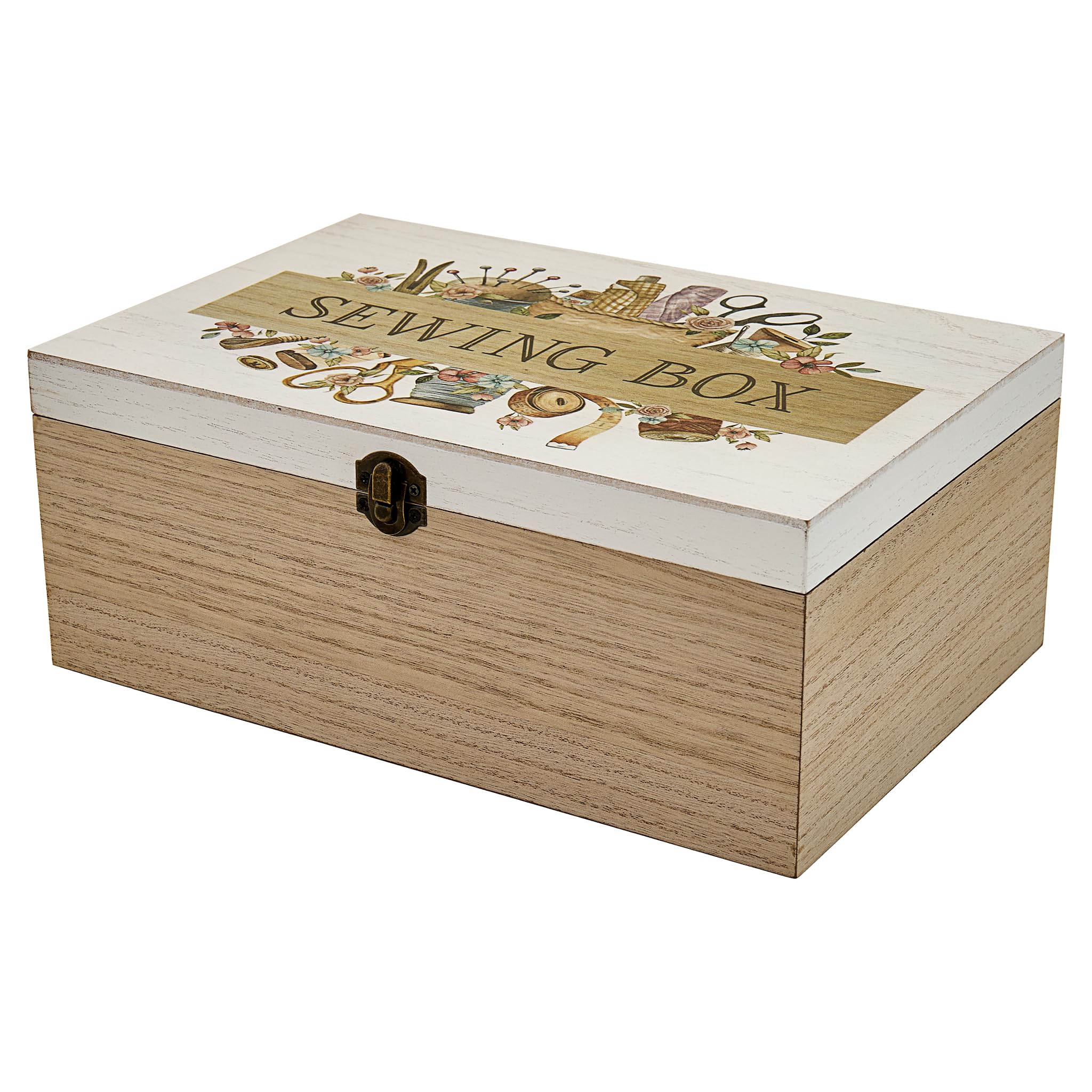 Trimits Wooden Sewing Box 30 x 20 x 12cm - Sewing Kit Box Large Craft Organiser for Tools, Hoops and Projects with Vintage Haberdashery Design