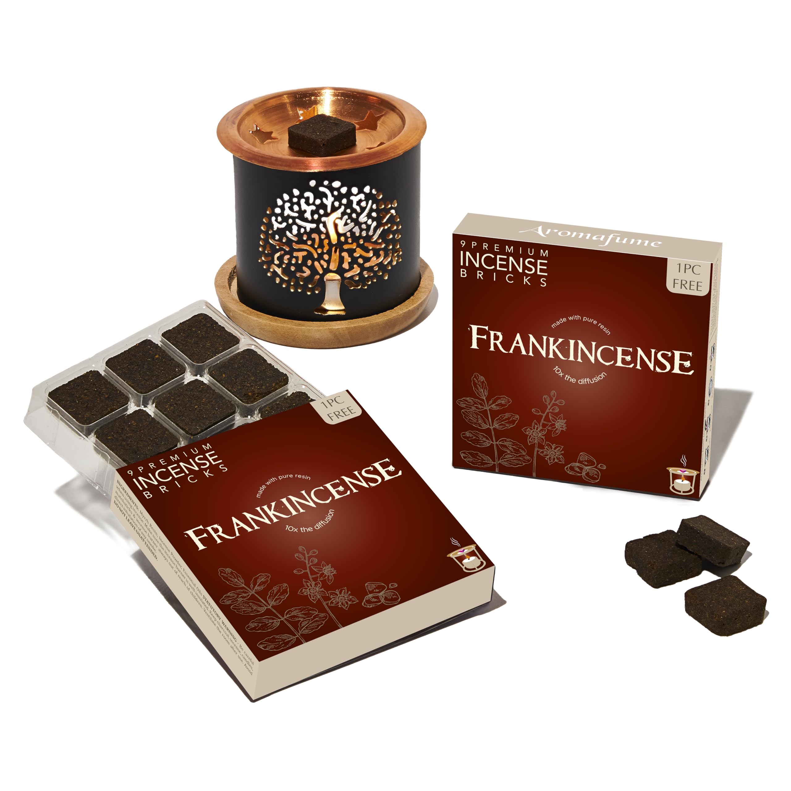 Aromafume 2 Frankincense + Tree Frankincense Incense Bricks & Tree Of Life Exotic Burner By | 2 Trays X 9 Bricks | Boswellia Carterii & Boswellia Serrata Extract, Native To East Africa & India