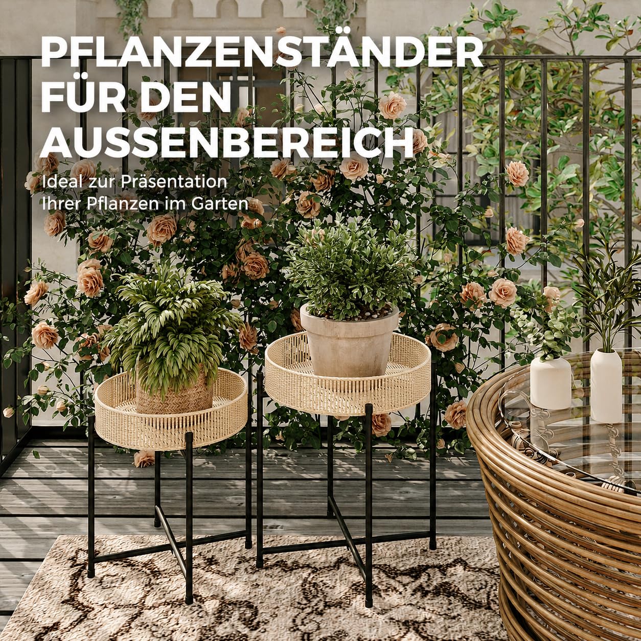 Bamworld Beistelltisch 2er Set Rund Boho Beistelltische mit Rattan Tablett & Metall Gestell Kleiner Tisch für Wohnzimmer Schlafzimmer Balkon Garten Beistelltisch Outdoor Indoor Ø44/40cm Höhe 52/43cm