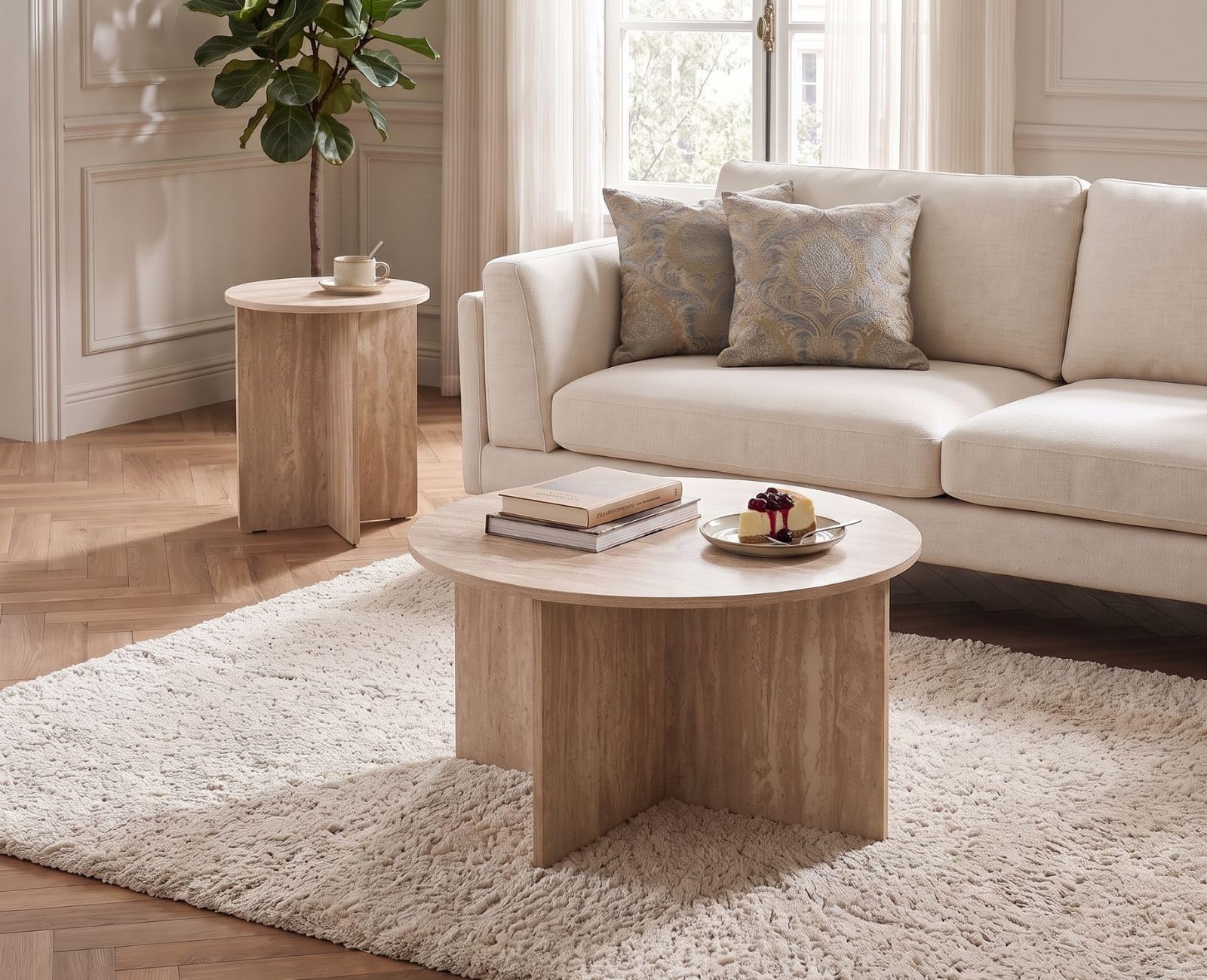 chairus Lot de 2 Tables Basses Rondes Moderne pour Chambre, Table de Salon en Bois avec Plateau Rond, Table d'Appoint Effet Chêne Bout de Canapé，Beige