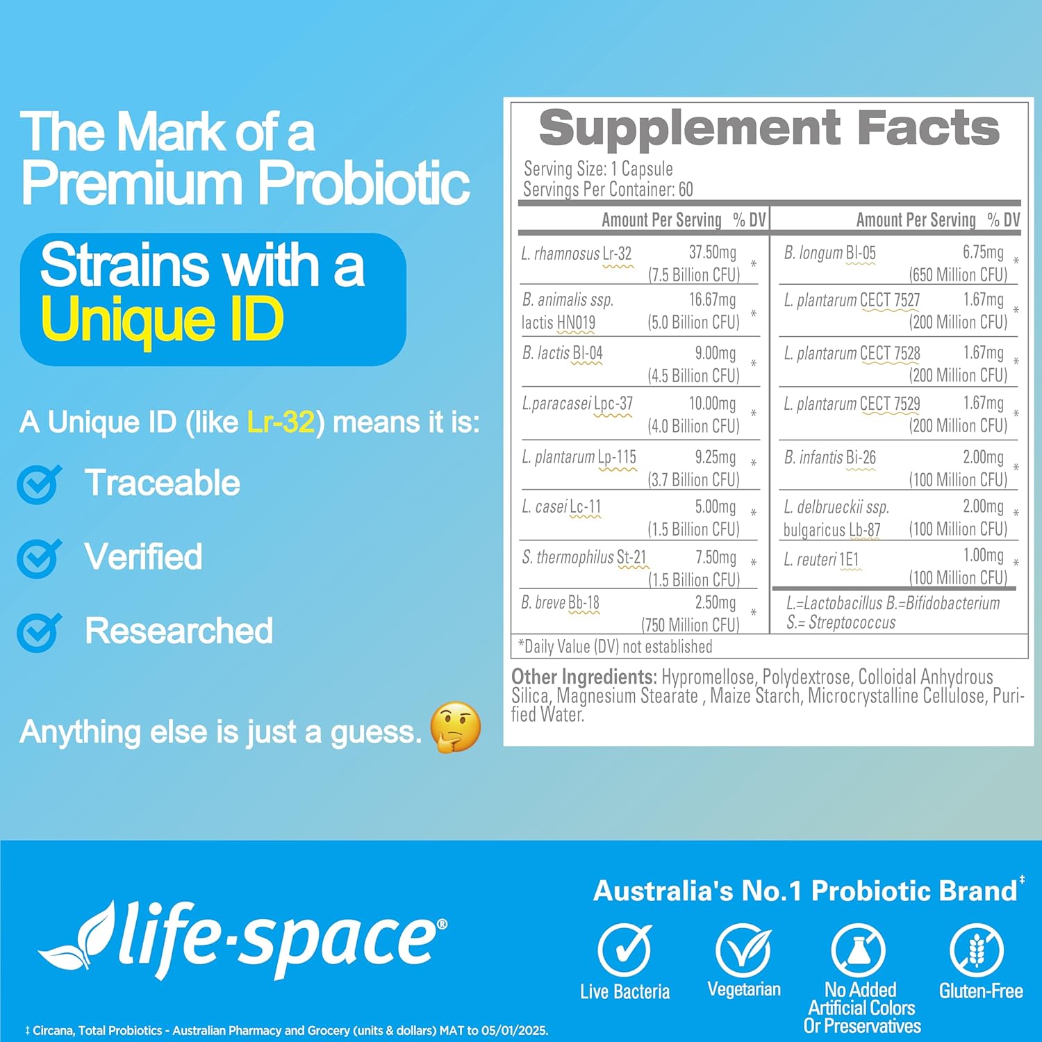 Life-Space Probiotic for 60+ Years, 30B CFU & 15 strains, Probiotics for Digestive Health & Regularity, Immune Support, Golden Standard Probiotics for Men and Women, Bifidobacterium lactis, 60 Ct