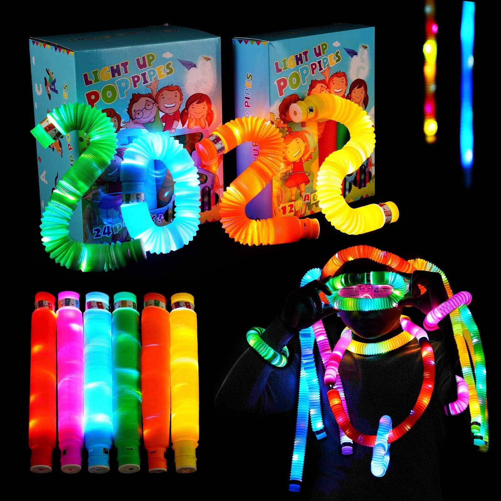 SCIONE Kids Party Favors Glow Sticks Toddler Sensory Toy 24 Pack Light Up Pop Pipe Fidget Tubes, Glow in The Dark Party Supplies Goodie Bag Stuffers Stocking Stuffers Birthday Party Return Gift Prize