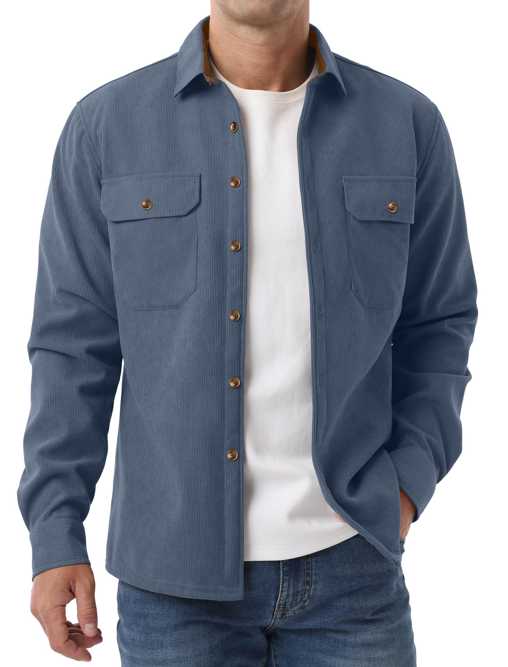 Askdeer Men's Casual Shirts Corduroy Fleece Button Down Shirts Jacket Chunky Warm Long Sleeve Shacket with Flap Pockets