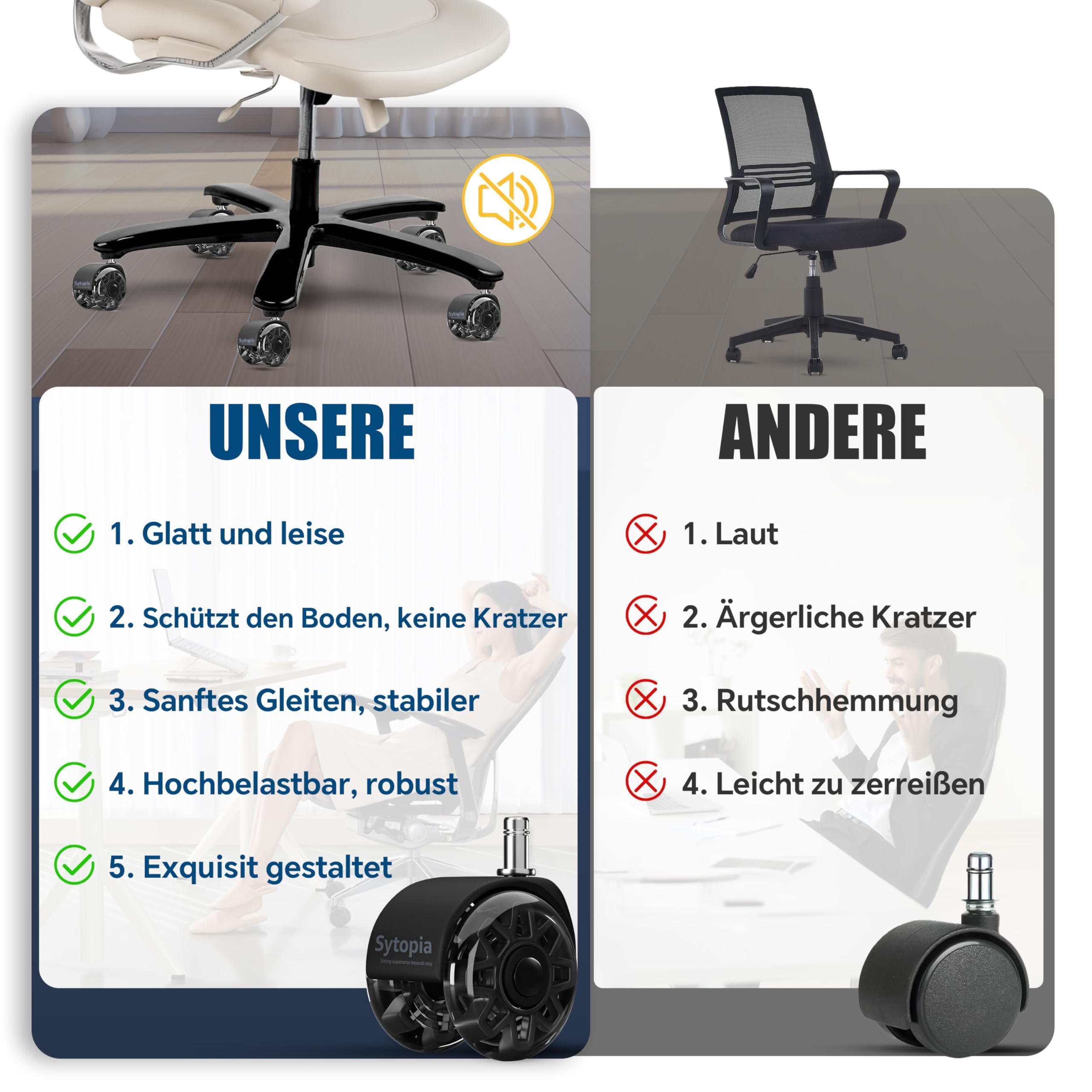 Sytopia Juego de 5 ruedas para silla de oficina de 11 x 22 mm, ruedas grandes de goma para sillas de oficina, ruedas perfectas para alfombras, suelos duros, parquet, ruedas para sillas de oficina