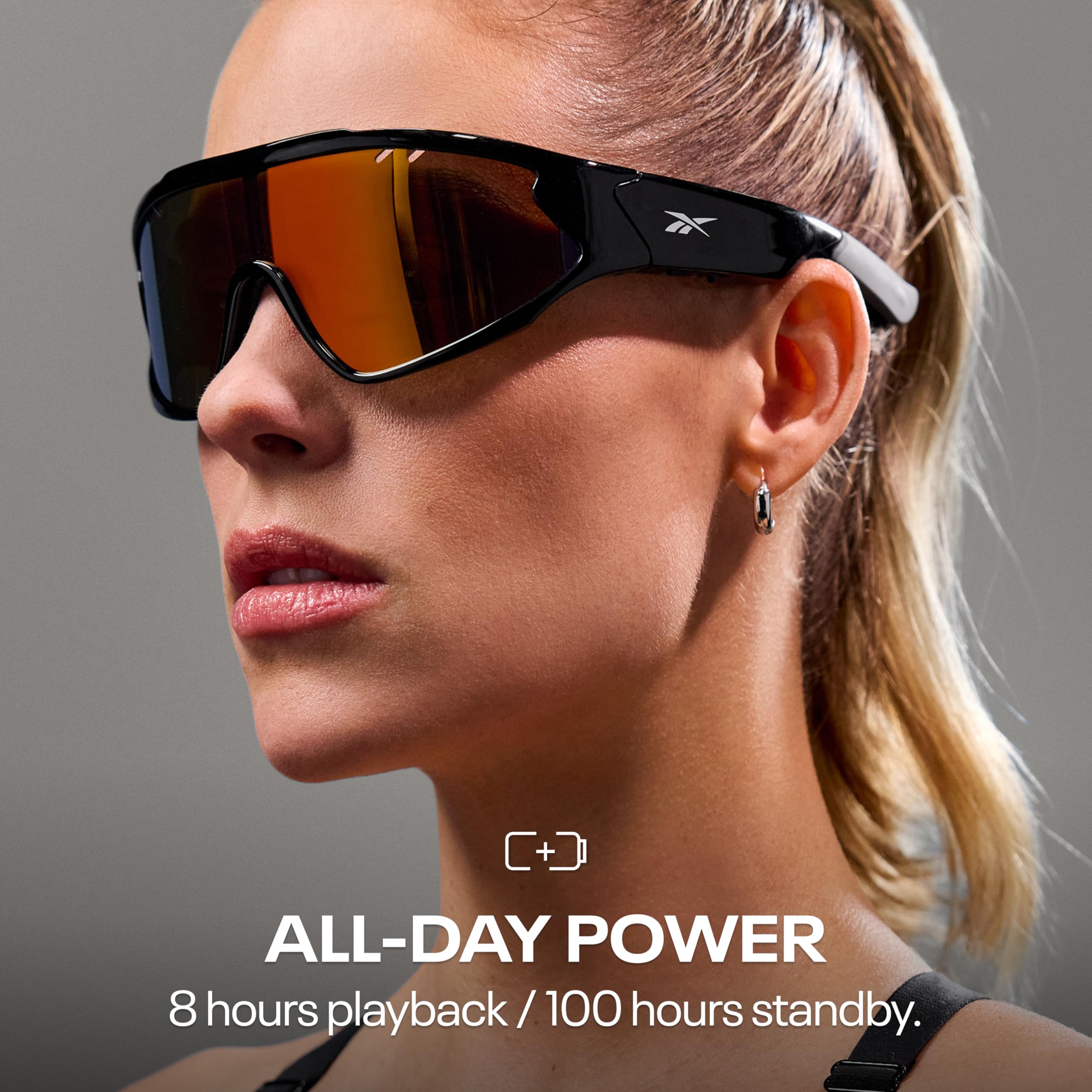 Reebok Lucyd - Occhiali da sole con audio intelligente, lenti polarizzate a specchio rosso, unisex, HiFi Bluetooth, con protezione UV