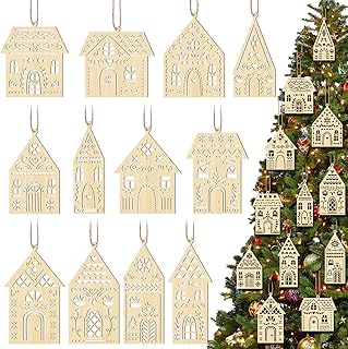Gerrii 36 Pcs Wooden House Christmas Ornaments Unfinished Laser Hollowing Wood House Sign DIY Wood Christmas Ornament for Crafts Gift Folk Scandinavian Xmas Hanging Decorations