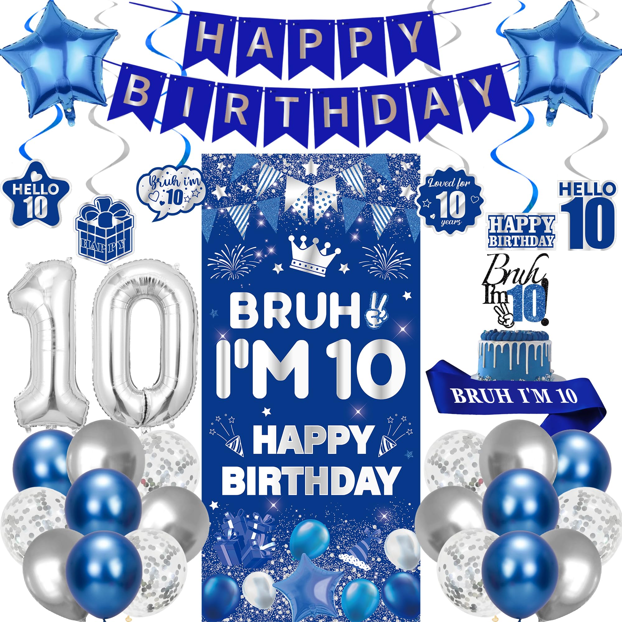 10th Birthday Decorations Balloons Banner - 32 Pcs Blue Silver Double Digits Bruh I'm 10 Banner Number 10 Foil Balloon Hanging Swirls Cake Topper Sash for Boys Girls Happy Ten Years Old Bday Decor