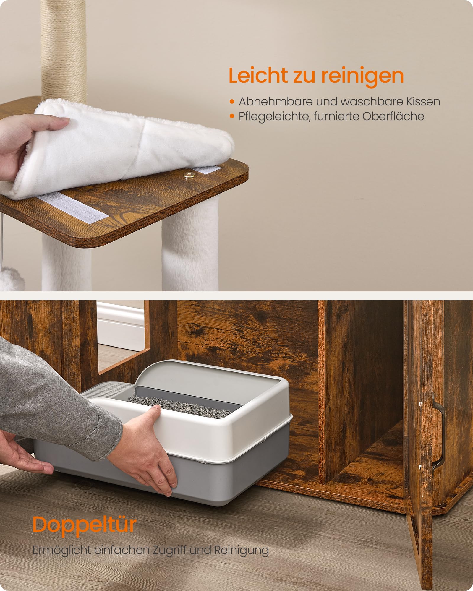 Feandrea Kratzbaum, 170 cm hoch, mehrstöckiger Katzenbaum, große Höhle, Liegemulde, Kratzstämmen, Plüschbälle, Katzenklo-Schrank, vintagebraun PCT169K01