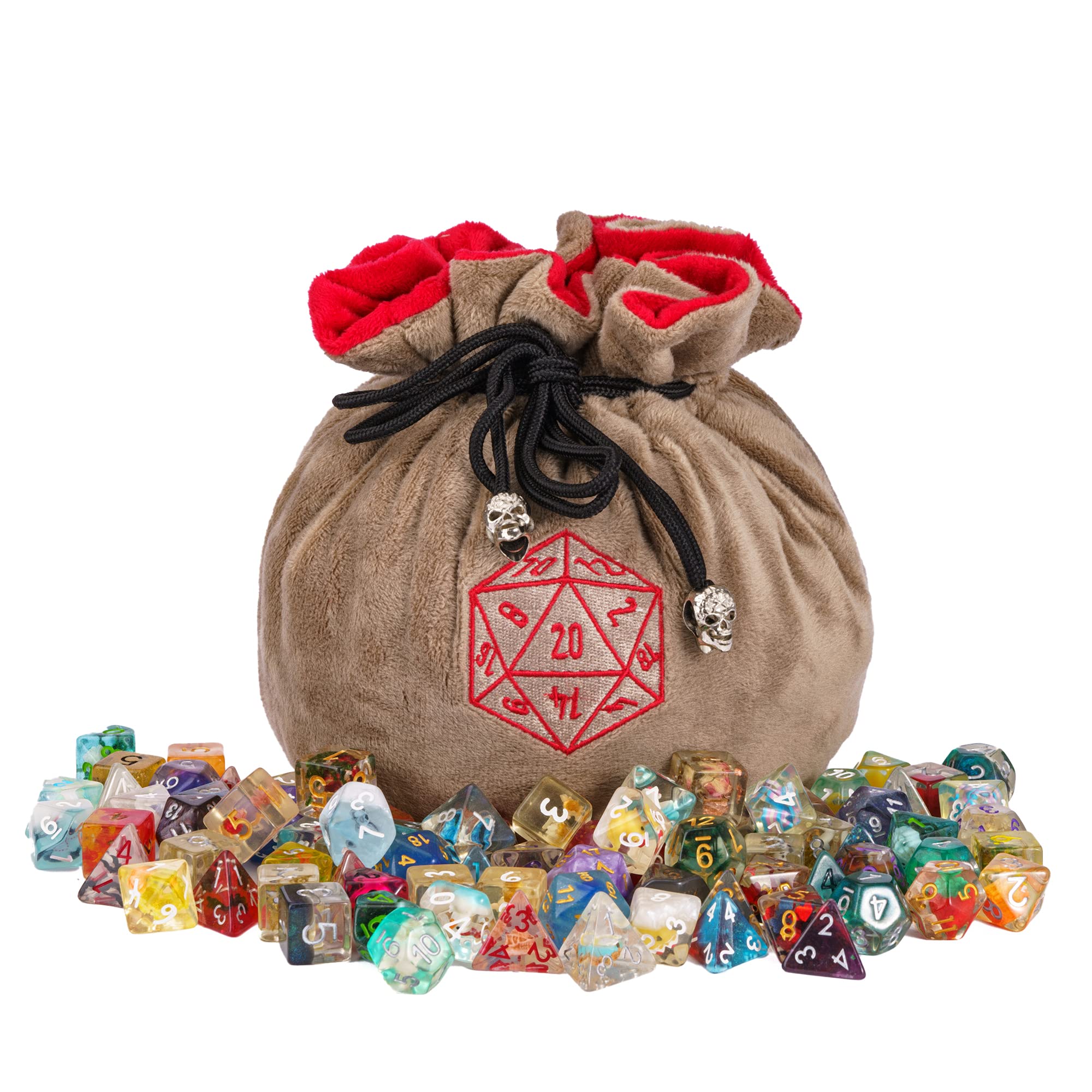 KSNDie Large Dice Bags D&D with Pockets Khaki Storage Bag D20 Logo for DND RPG Game (with 1lb Random DND Dice) — image 1