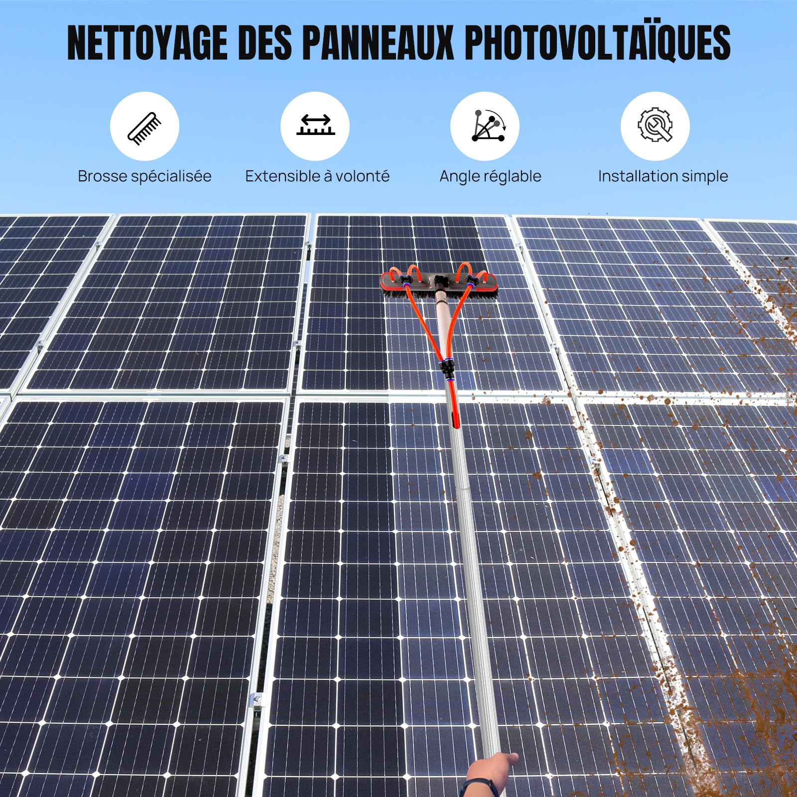Brosse de Lavage Télescopique 7 m avec Alimentation en Eau - Kit Nettoyage Panneaux Solaires, Fenêtres et Toits - Perche Extensible de 140 cm à 700 cm - Tête PP Rotative