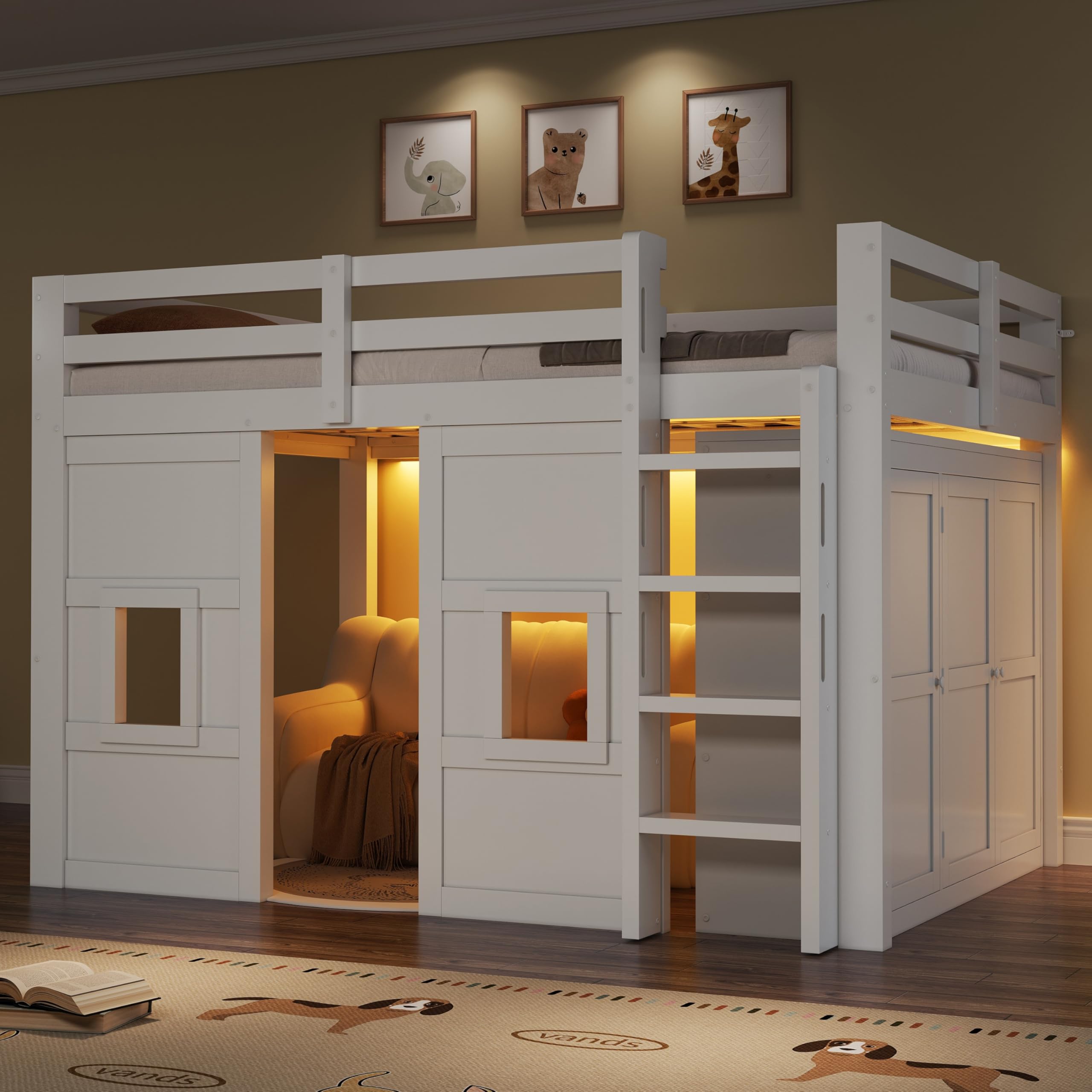 Kinderbett Etagenbett 140x200 Hausbett Hochbett mit Kleiderschrank & LED-Licht & Fenstern, Bettgestell mit Rausfallschutz & Lattenrost, Stockbett Spielbett Jugendhochbett, Kiefer, Ohne Matratze, Weiß