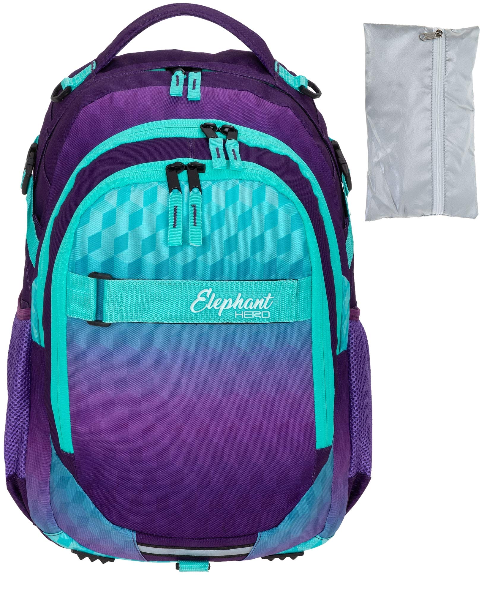 Elephant Schulrucksack Hero Rucksack mit Regenhülle 12868 Violet Cube +r | Signature Schultasche Schulmappe Daypack + Regencover Mädchen Jungen Türkis Lila