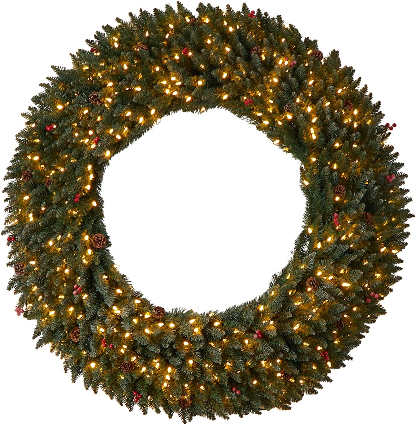 Nearly Natural 5ft. Large Flocked Artificial Christmas Wreath with Pinecones, Berries, 400 Clear LED Lights and 820 Bendable Branches