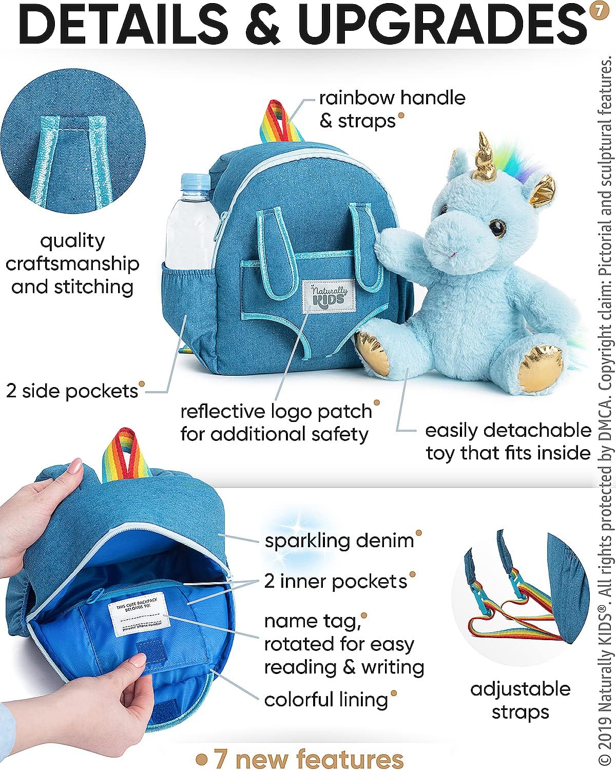 Naturally KIDS Small Unicorn Backpack - 3-4 Year Old Boy Gifts - Toddler Backpack for Boys Girls w Stuffed Animal - Toys for 3 Year Old Boys - w Pockets & Reflective Logo - Backpack w Blue Unicorn