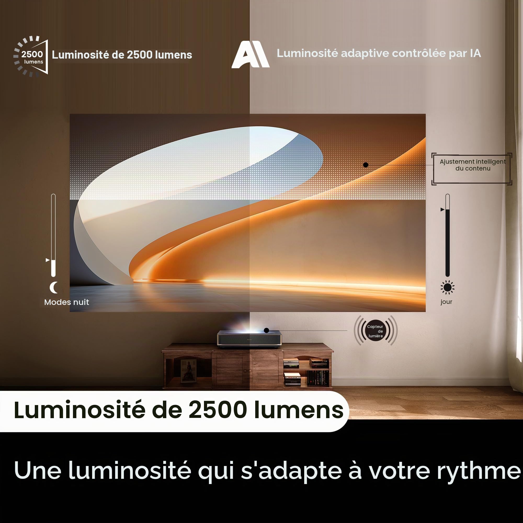 Hisense Laser Cinema PT1, Taille de Projection 80''-150", LPU Tech, 4K, IMAX Enhanced, Dolby Vision, Dolby Vision, HDR10+, luminosité 2500 lumens, Ultra Court, 3D, taux de rafraîchissement 240 Hz