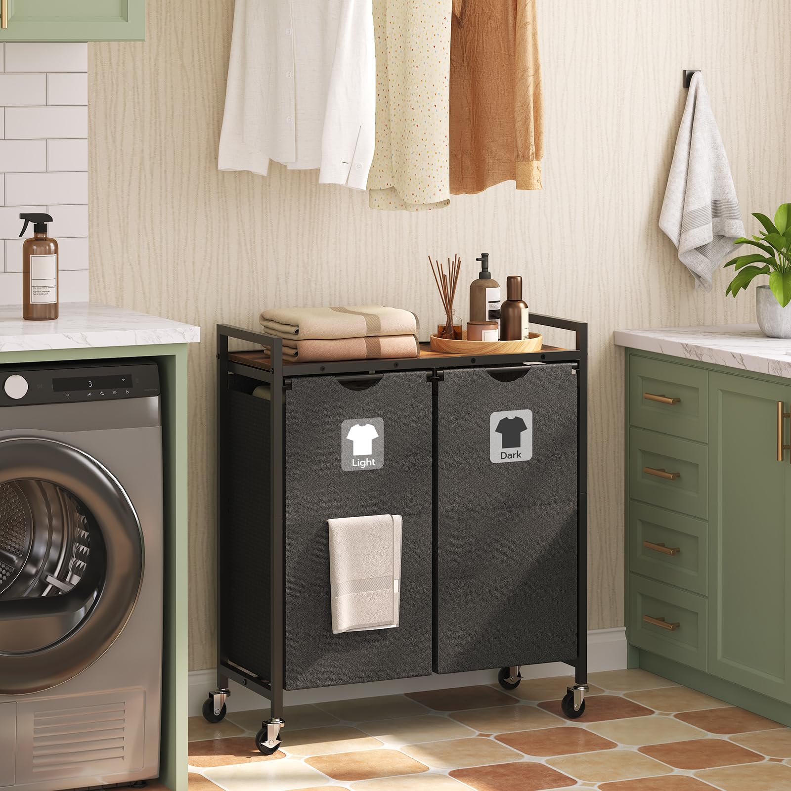 HOOBRO Cesto para Ropa Sucia, Cesta Colada con 2 Bolsas Extraíbles, Carro de Lavandería, 2 x 49,5 L, 70 x 30 x 77 cm, para Lavadero, Baño, Marrón Rústico y Negro EBF72XY01
