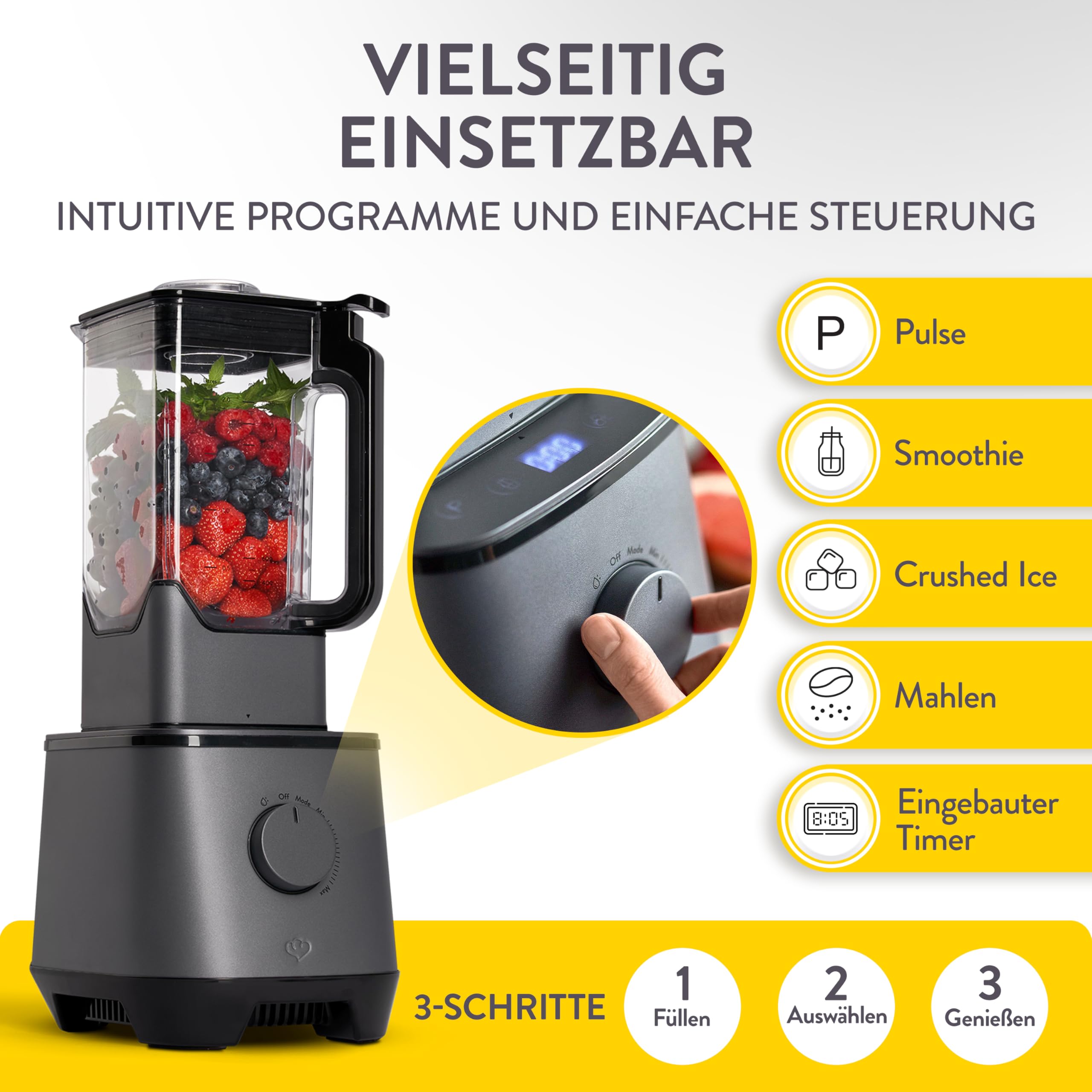 SPRINGLANE Hochleistungsmixer Hanno 2000 W, 32.000 U/min, 4 Programme, Selbstreinigungsfunktion, Standmixer mit 2,5 L Tritan-Behälter ohne BPA, inkl. Edelstahlmixbehälter & To-Go-Mixflasche