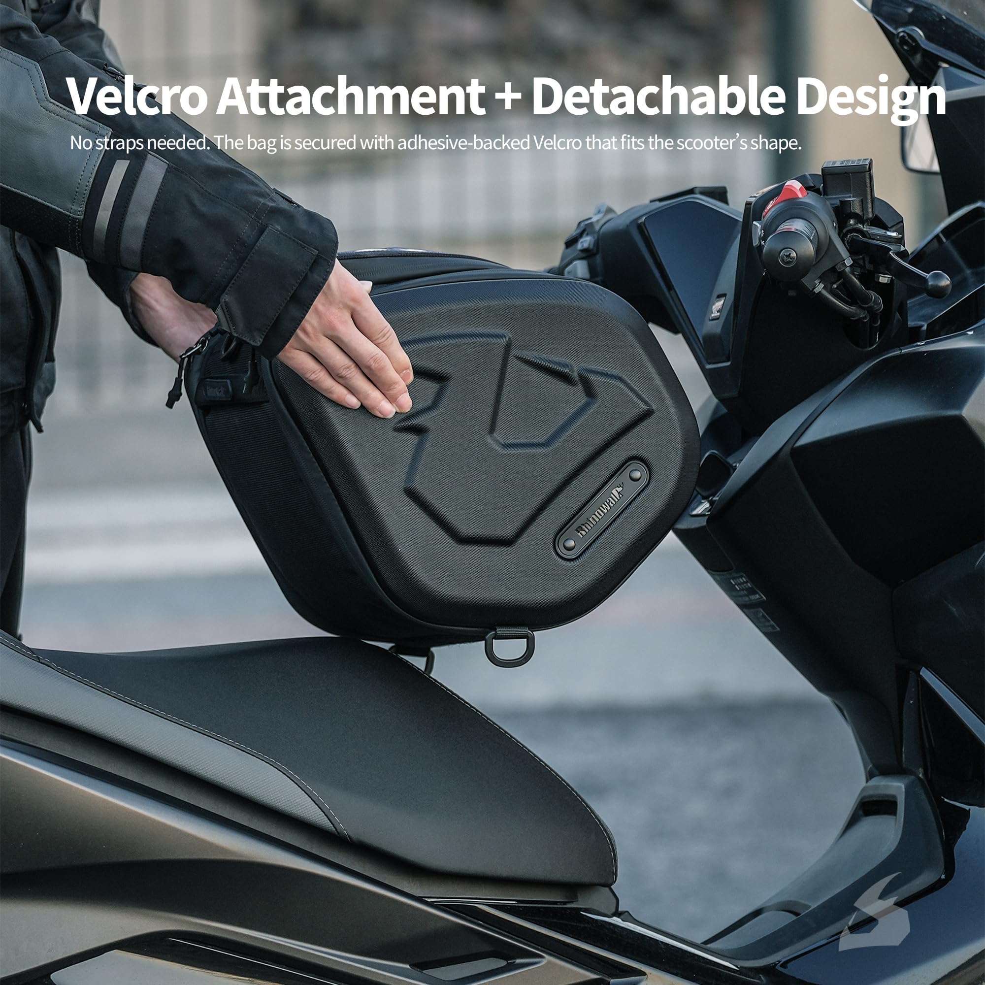 Rhinowalk Sacoche tunnel pour scooter, coque rigide en ABS, 16 l, sac de moto avec tunnel central, avec compartiment pour écran tactile, poignée de transport, bandoulière et housse de pluie