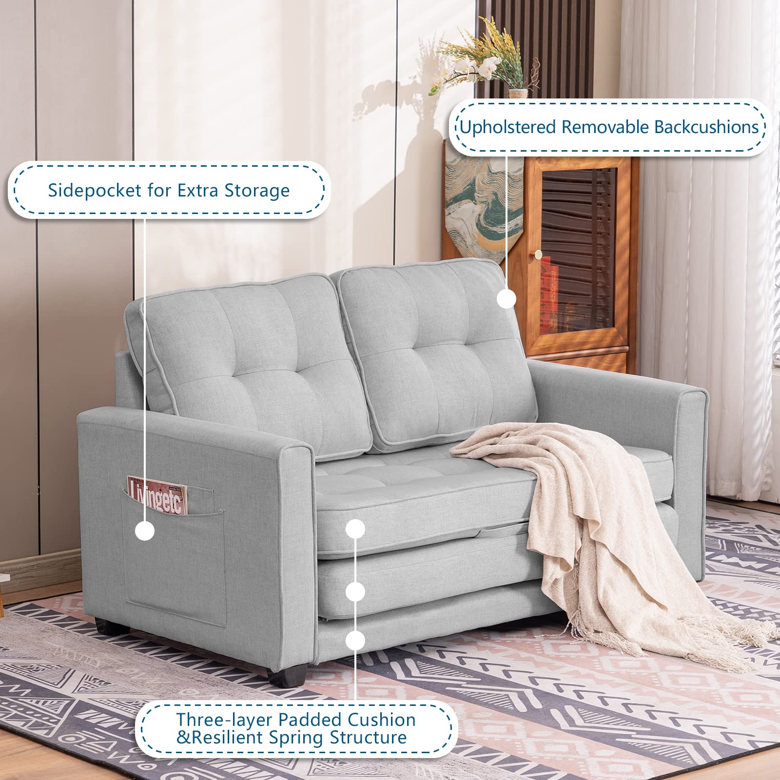 VINGLI Loveseat Sleeper, 80" Convertible Sofa Bed Couch Futon Couches