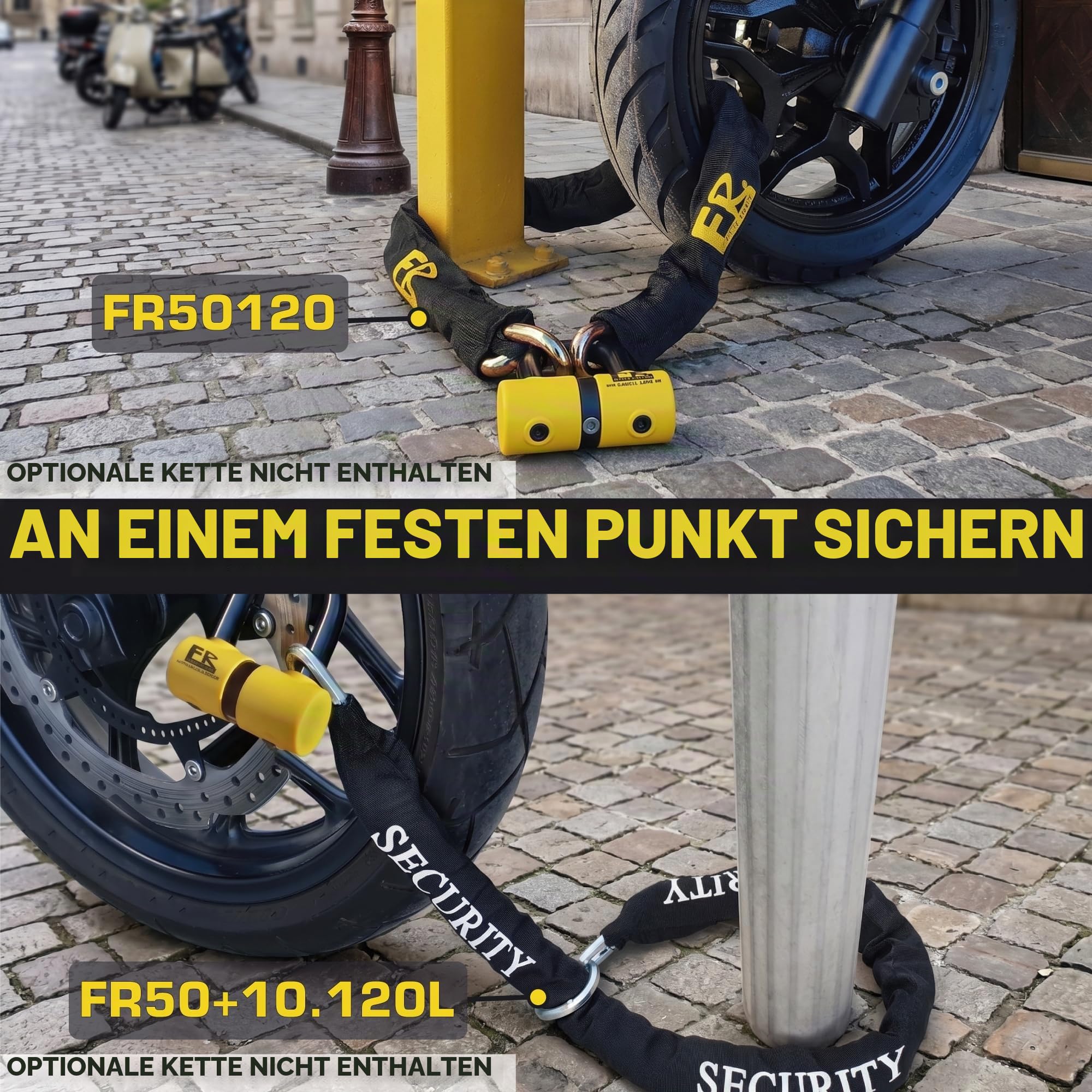 FR SECURITE FR50 Motorradschloss Diebstahlsicherung Mini U Bremsscheibenschloss Homologiert Classe SRA Gehärteter Stahl Ø18 45 x 65 mm + Erinnerungskabel Sicherheit für Motorrad Scooter