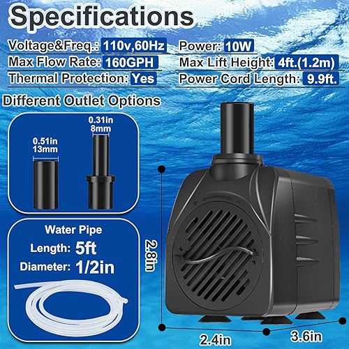 Miniatura 5 de Bomba sumergible con cable de alimentación de 160 GPH de 10 pies, protección contra sobrecalentamiento, bomba de agua con elevación de 4 pies para