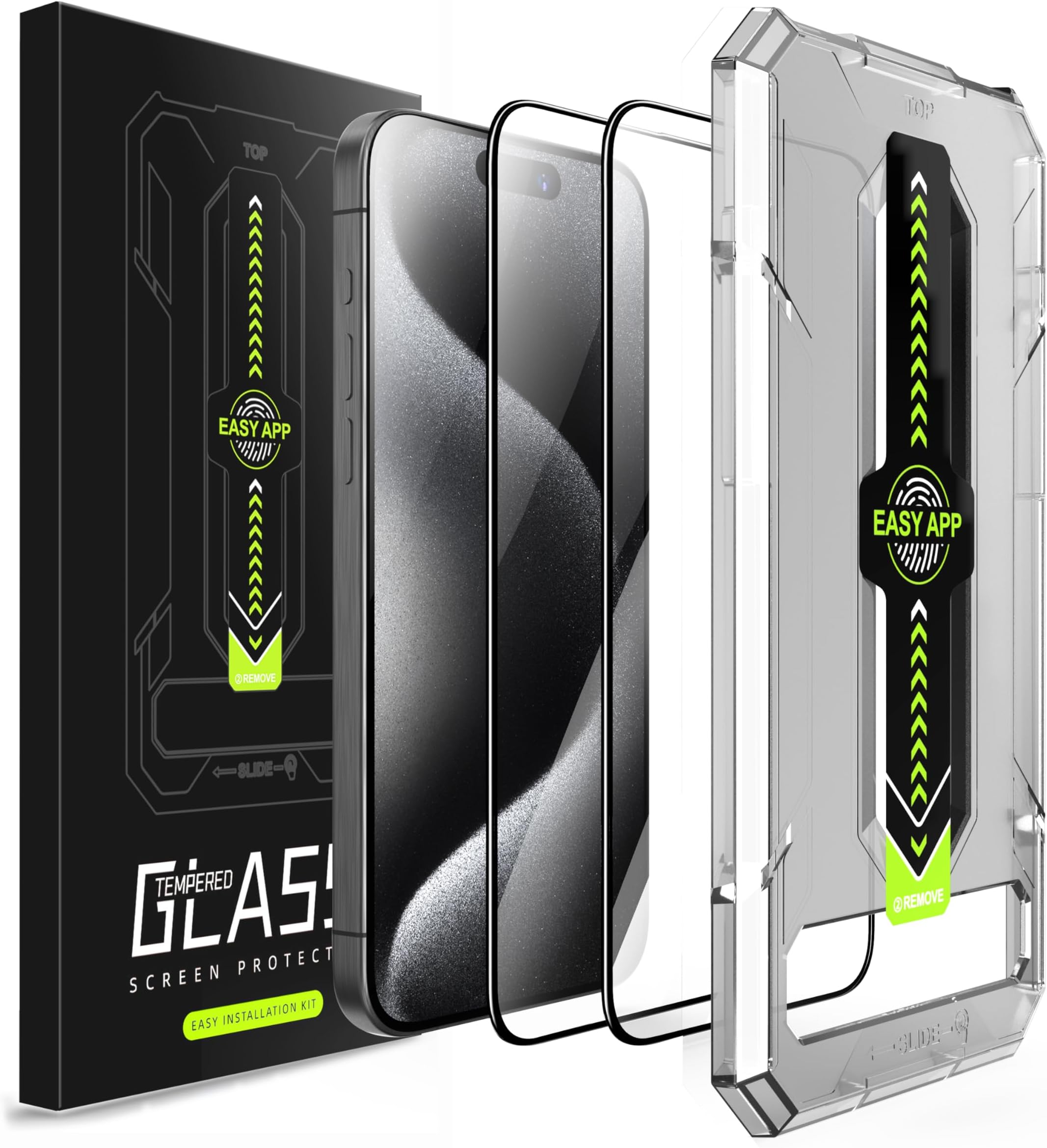 Amozo Easy Fit Tempered Glass Screen Protector Guard for iPhone 16 Pro Max Edge To Edge Coverage (with easy applicator) - Pack of 2