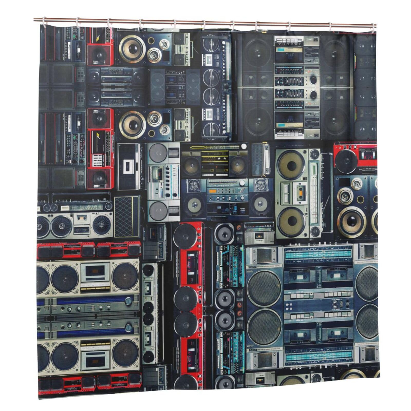 Rideau de douche boombox vintage imperméable avec œillets renforcés 183 x 183 cm