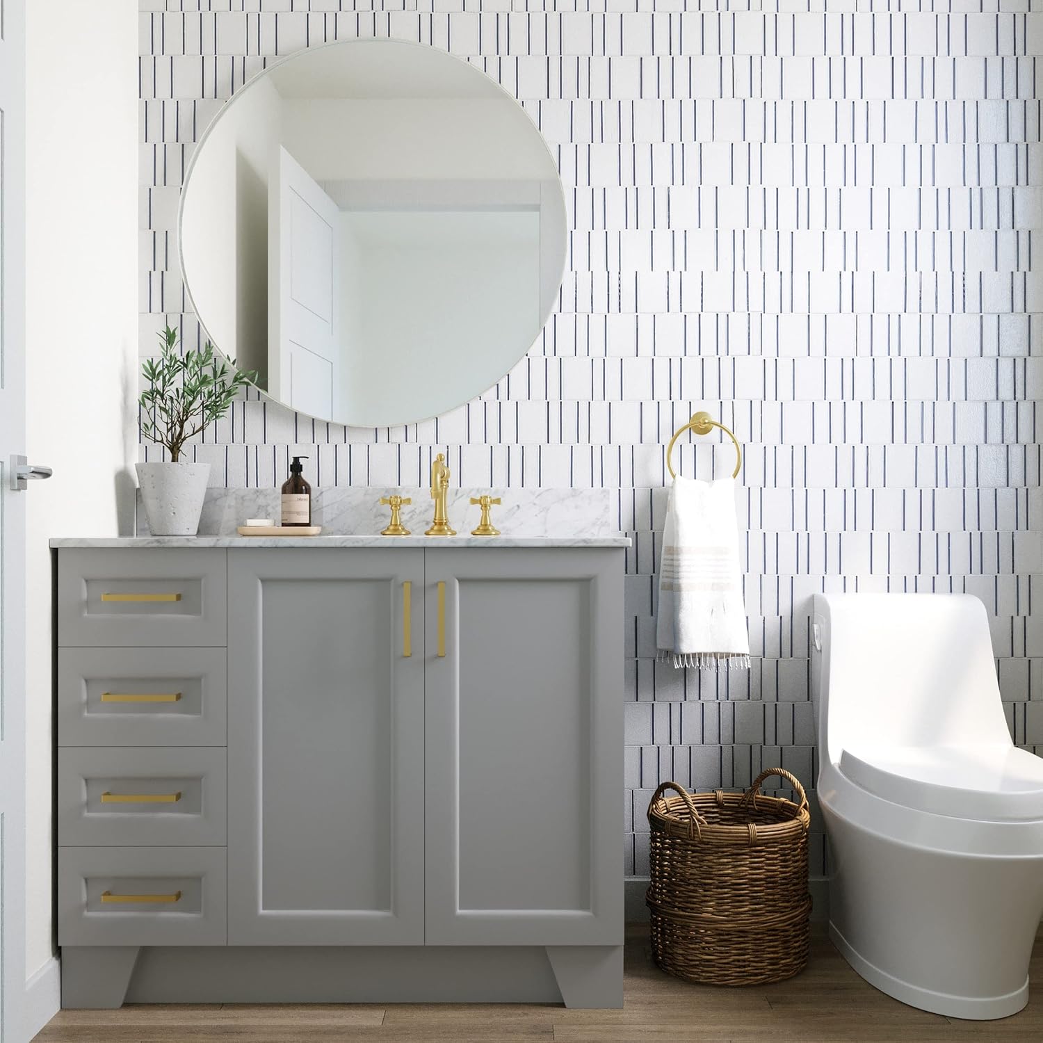 ARIEL Taylor 42-inch Bathroom Vanity with Sink,Solid Wood, 0.75-inch Italian Carrara Marble Countertop, Single Rectangular Porcelain Sink, 2 Soft Closing Doors, 5 Dovetail Drawers, Grey