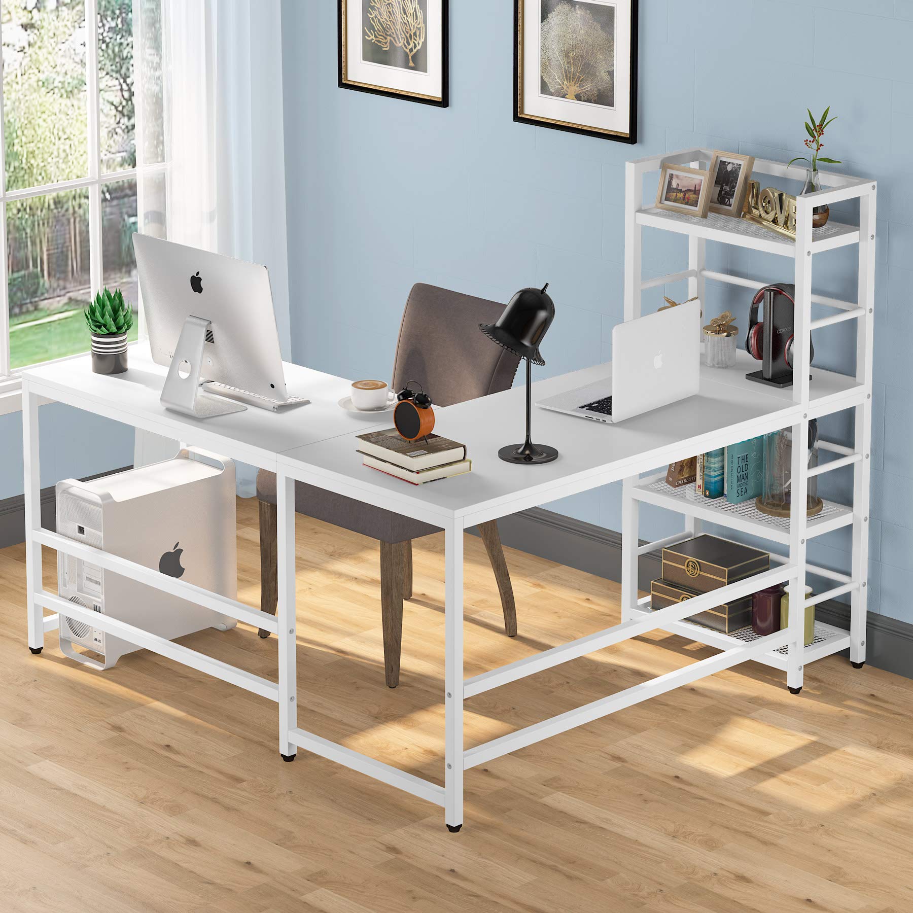 Buy Tribesigns 59 Inch L Shaped Desk with Storage Bookshelf, Reversible