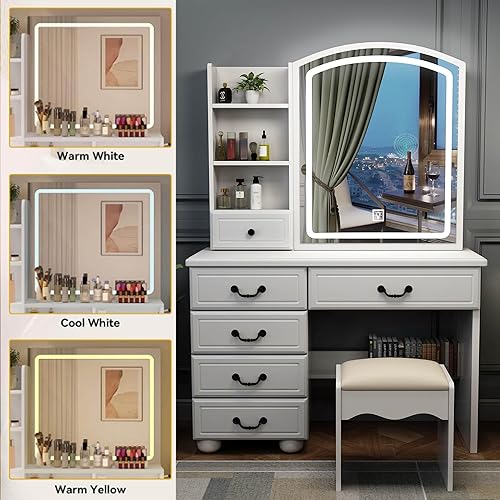 Miniatura 3 de Tocador de maquillaje con espejo y luces, moderno juego de mesa de maquillaje para dormitorio con taburete tapizado, escritorio con 4 cajones y