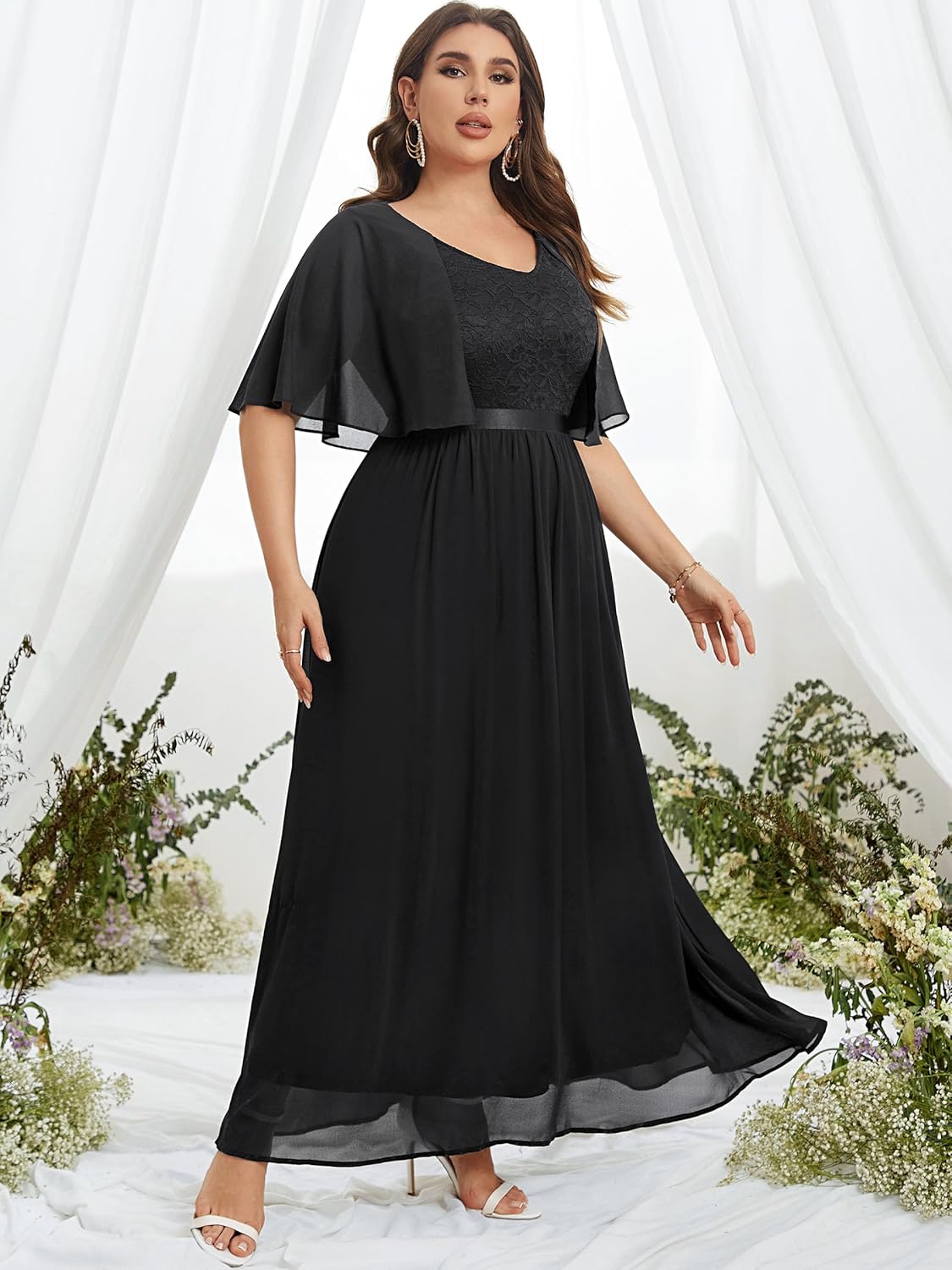 Knitee Women's Plus Size Half Sleeves Cape Dress Lace Chiffon V Neck Evening Party Maxi Dress - Image 3