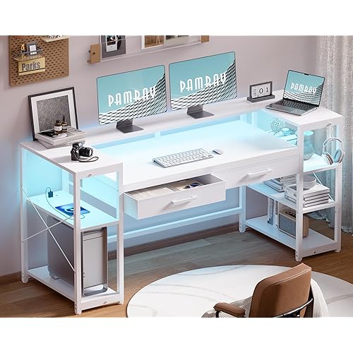 Pamray 58 Inch Computer Desk with Monitor Stand and Shelves Gaming Desk with LED Lights & Power Outlets PC Vanity Table with 2 Drawers for Home Office White