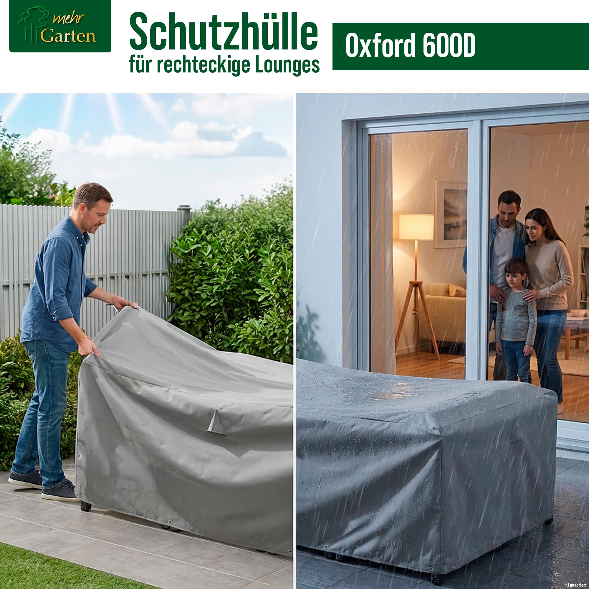 Schutzhülle Lounge rechteckig 300x300x80 cm, 600D Oxford | wasserdicht, UV-beständig, reißfest und winterfest - robuste Abdeckung für Gartenmöbel mit Kordelzug für sicheren Halt