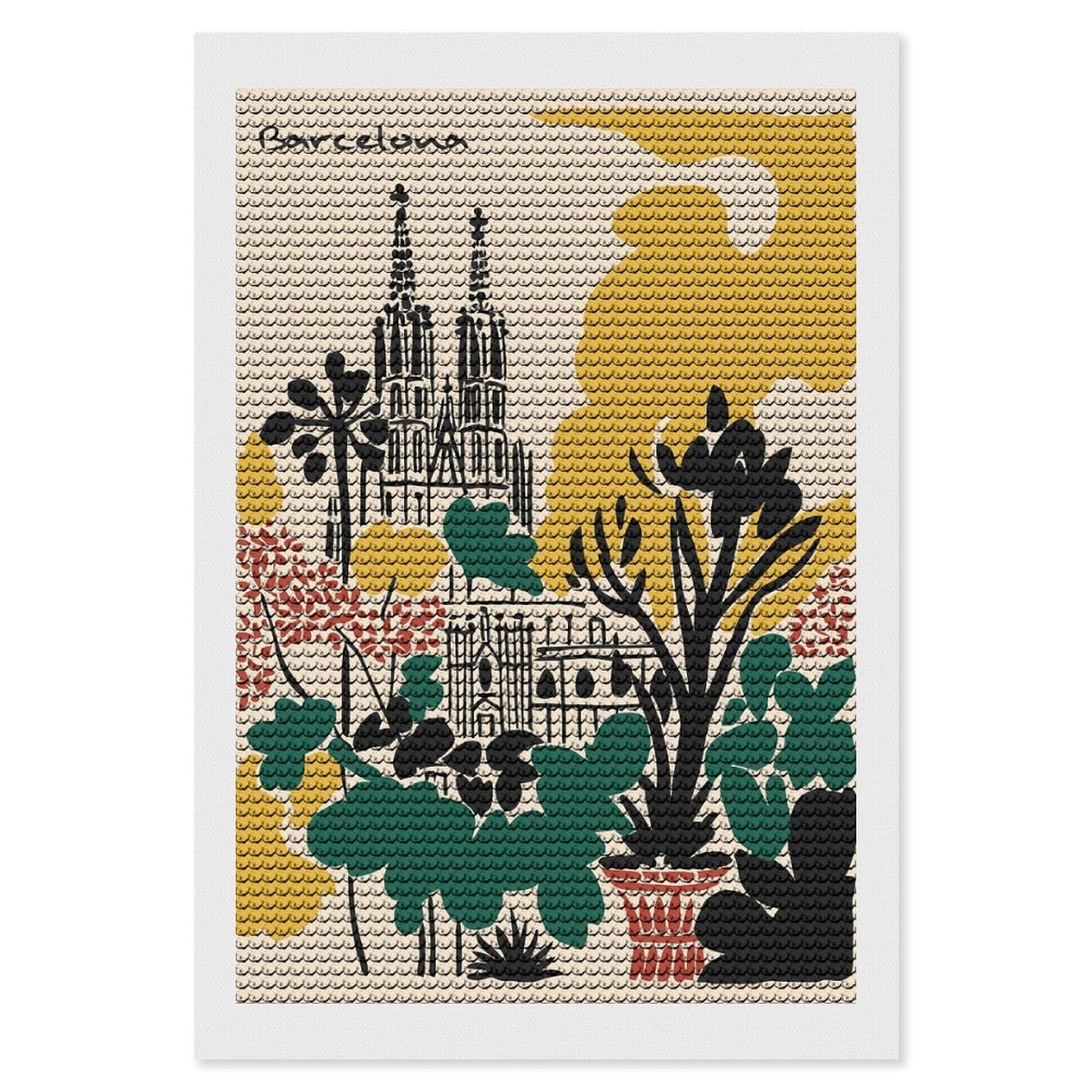 Junmoney Barcelona Cityscape with Floral Elements 5D Diamond Painting Kit 8"x12", Relaxing DIY, Mindful Craft Project, Full Kit Included, Thoughtful Present