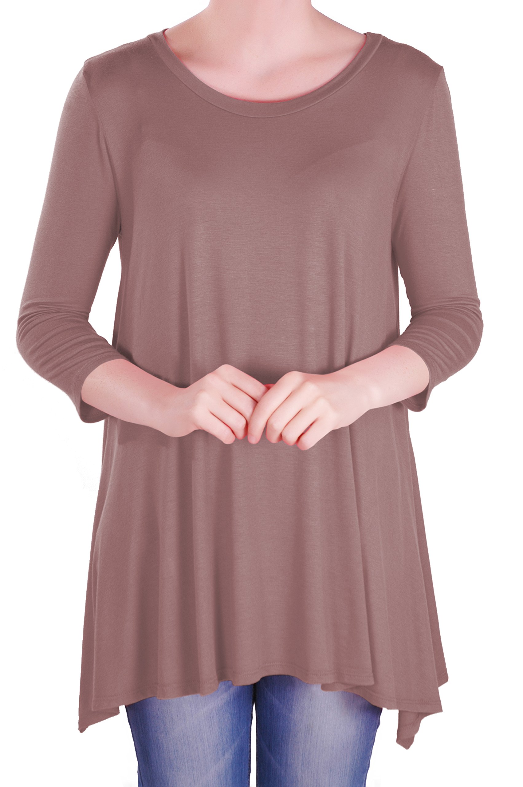 Eye Catch Women's Mocha - Reva Round Neck Flared 3/4 Sleeve Tunic T Shirts Tops Blouse Size 26-28