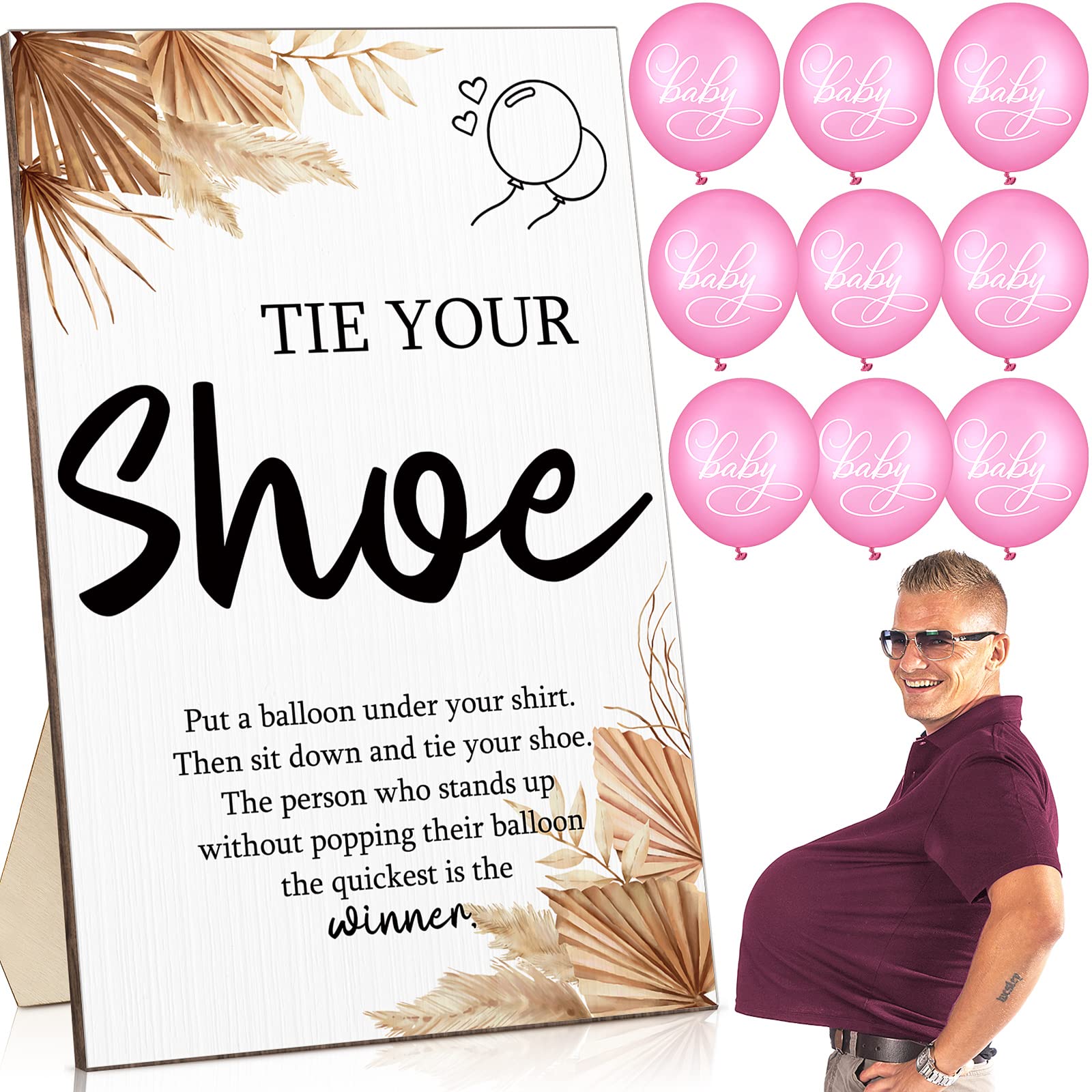 Roowest 51 Pcs Tie Your Shoe Baby Shower Game Wooden Boho Sign Gender Reveal Party Favors 50 Balloons Latex for Boho Baby Shower Game Supplies(Pink)