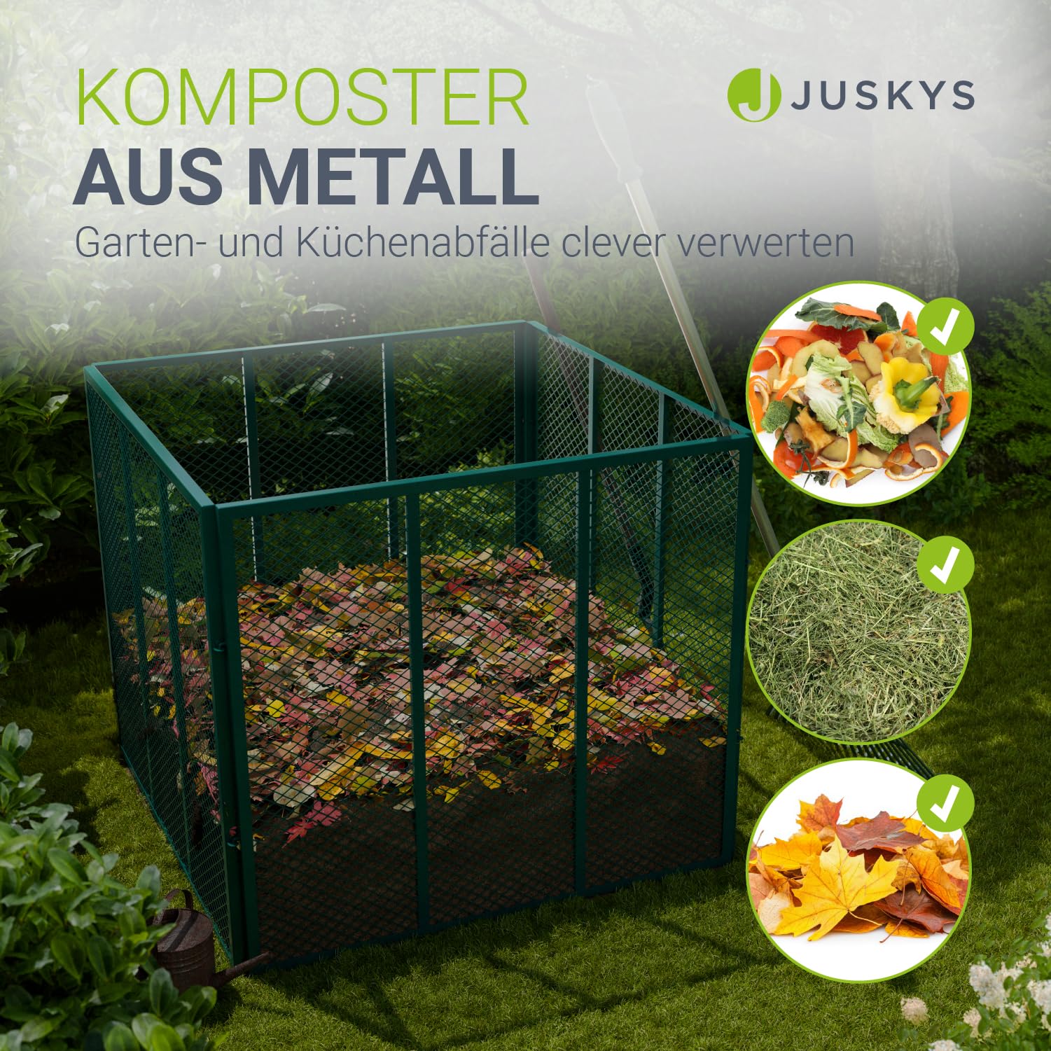Juskys Metall Komposter 450 L, verzinkter & pulverbeschichteter Stahl, wetterfest, Belüftung durch Gitterrahmen, schnelles Kompostieren – Dunkelgrün