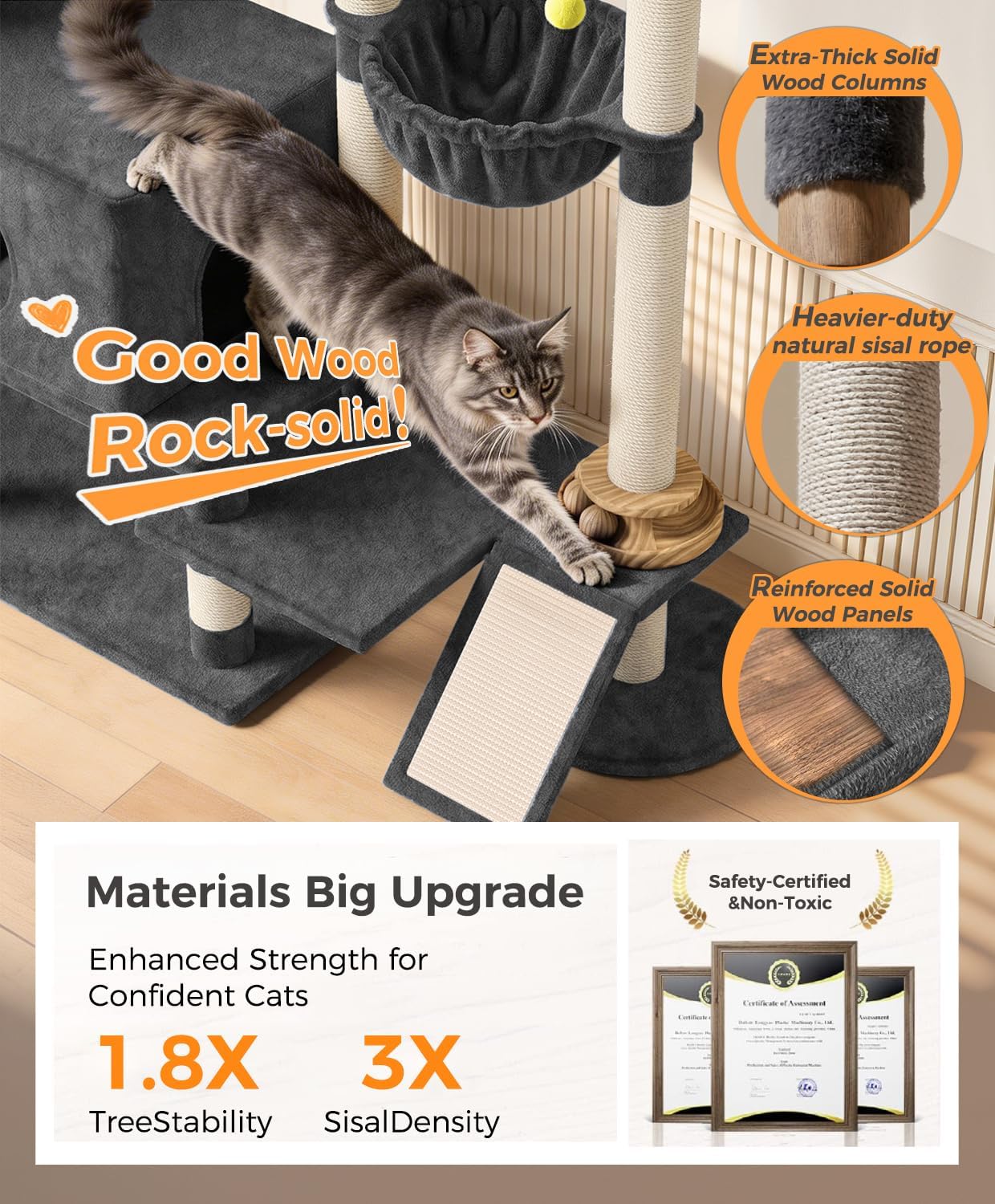 Catlike【Rock-Solid Real Wood】 76" Tall Cat Tree Tower for Indoor Cats Large Adult, Heavy Duty Multi-Level Large Cat Tree with Sisal Scratching Posts, Perches, Cat Condos, Hammock Baskets Cat Tower