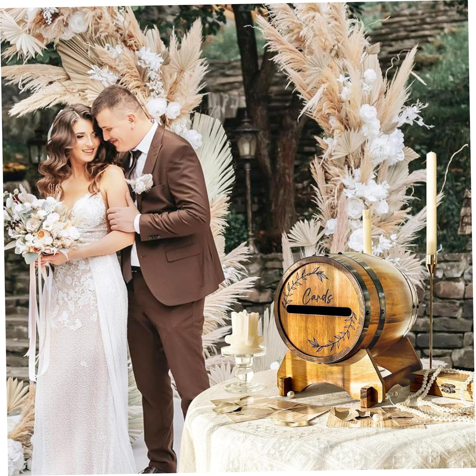 Scatola per biglietti di matrimonio, rustica in legno, marrone, 10 pollici | Forma rustica di botte di whisky, contiene oltre 150 carte, ideale per matrimoni e feste