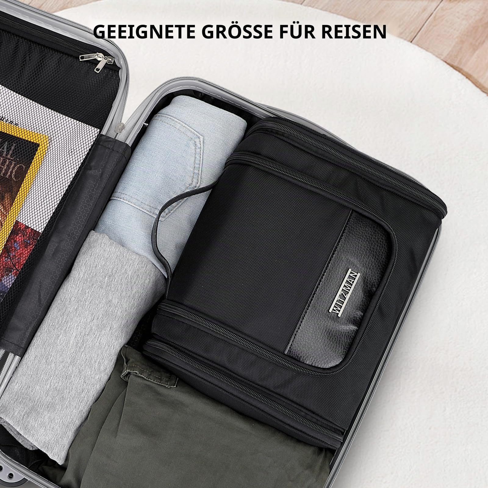 WITZMAN Kulturbeutel Herren Nylon Hängend Wasserfest Reise Kosmetiktasche | Mit Nass-Trennfach, Vielen Fächern für Ordentliche Aufbewahrung, Leicht, Große Kapazität, Für Reisen, Bad, B690 Schwarz