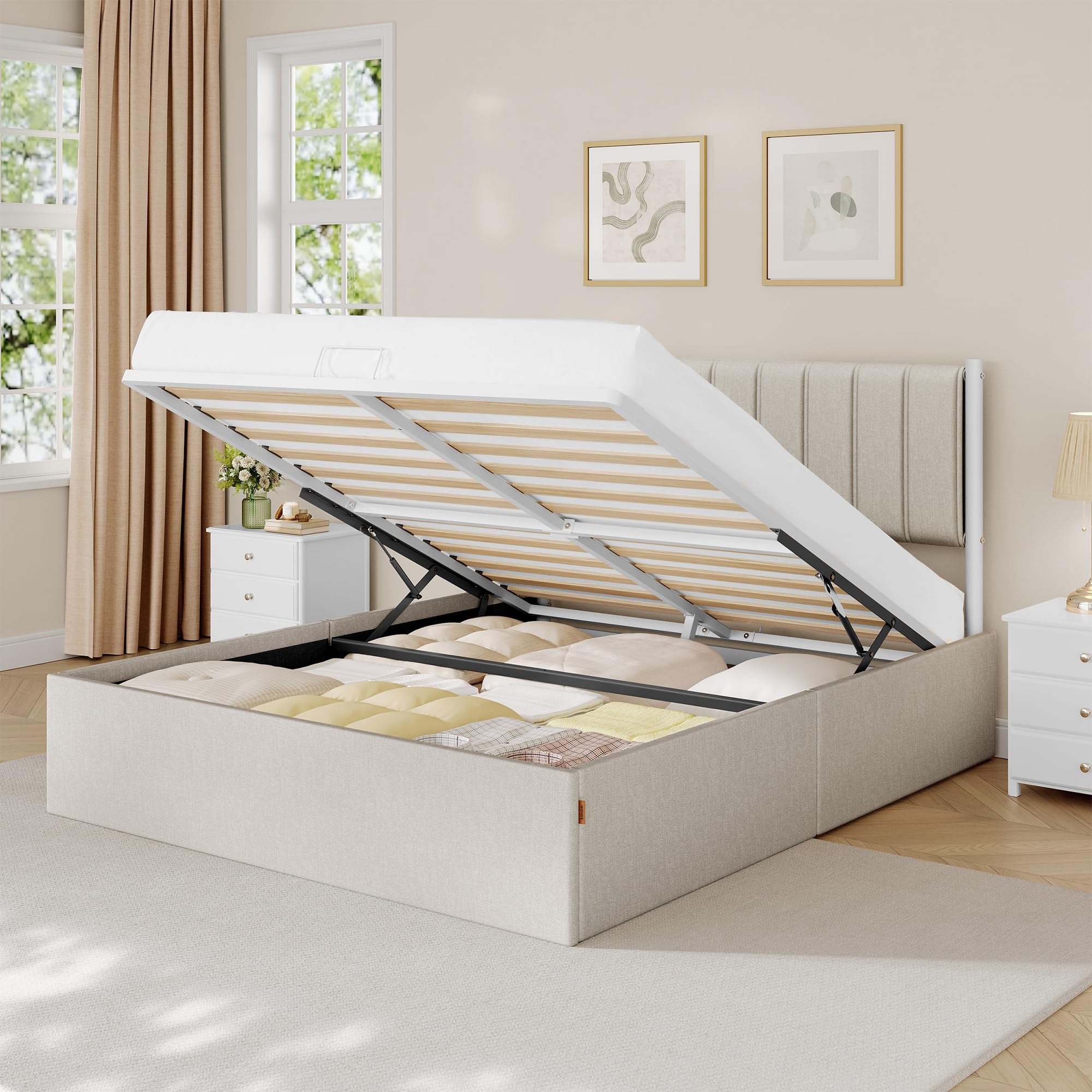VASAGLE Estructura de Cama, 160 x 200 cm, Cama Elevable, 2 Personas, con Almacenaje, Cabecero, Sistema Hidráulico, Moderno y Minimalista, Fácil Montaje, Beige Capuchino RMB615LH01 - 1