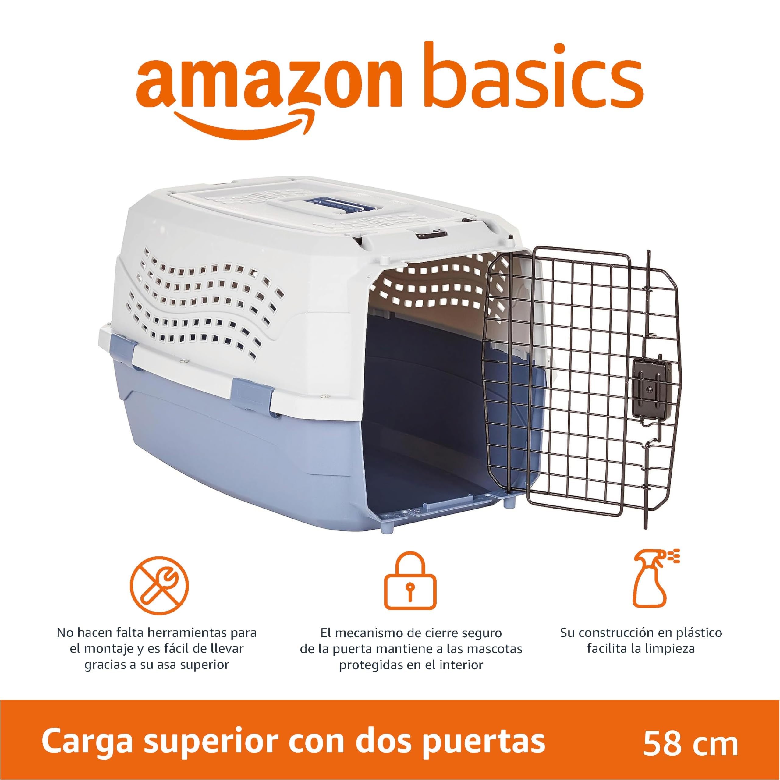 Amazon Basics Caseta para mascotas Perro, Gato de 23 pulgadas (58 cm) con dos puertas de carga superior, Azul