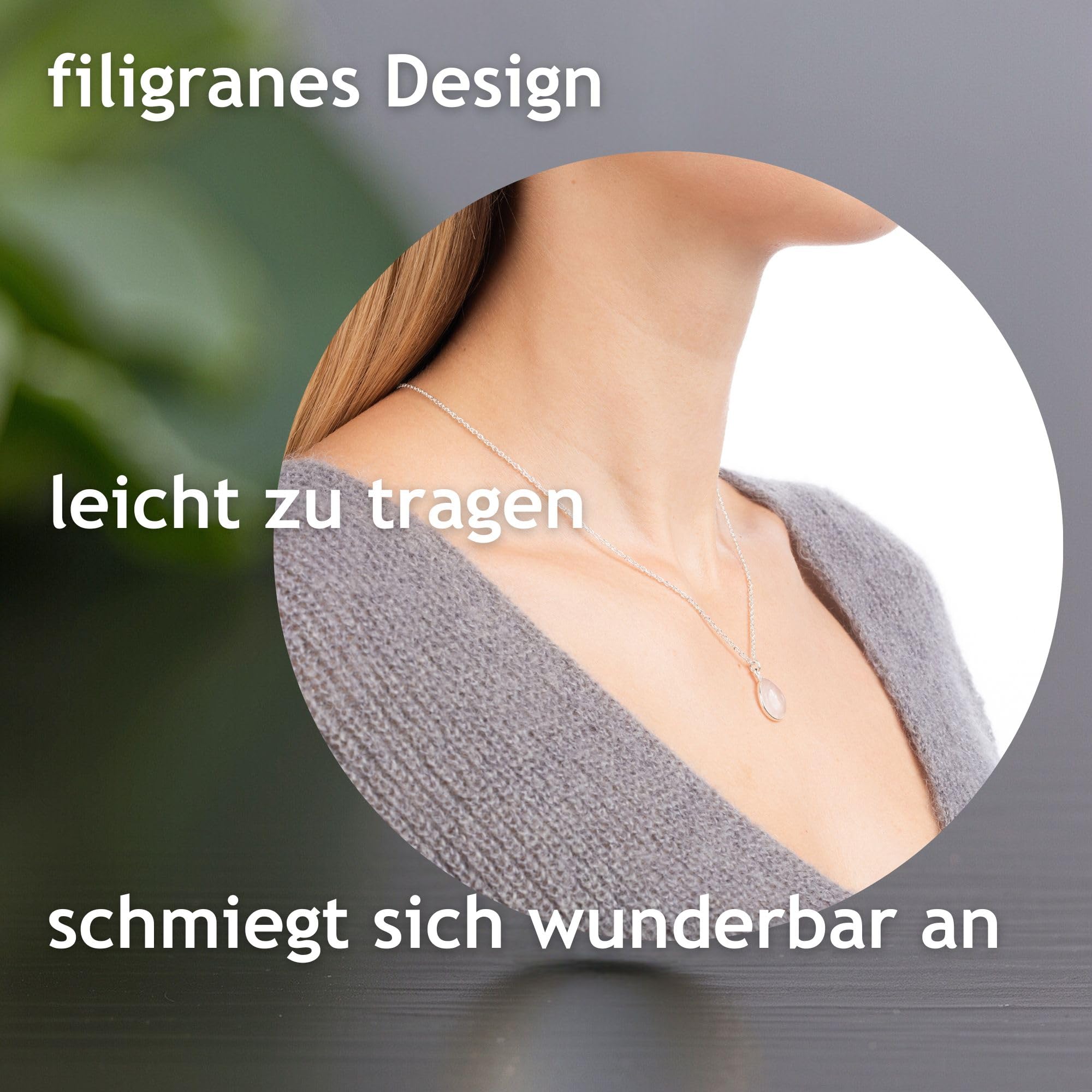 Rosenquarz Halskette Damen aus reinem 925 Sterling Silber - Echter Rosenquarz Edelstein Schmuck - Frauen Halskette in Tropfenform