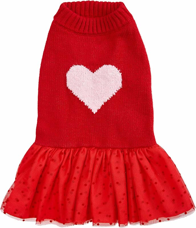 Blueberry Pet Heart Dog Sweater Dress My Cutie Princess Ropa para el día de San Valentín para perros pequeños, jersey rojo con cuello redondo, ropa de vacaciones, longitud de espalda 8 pulgadas