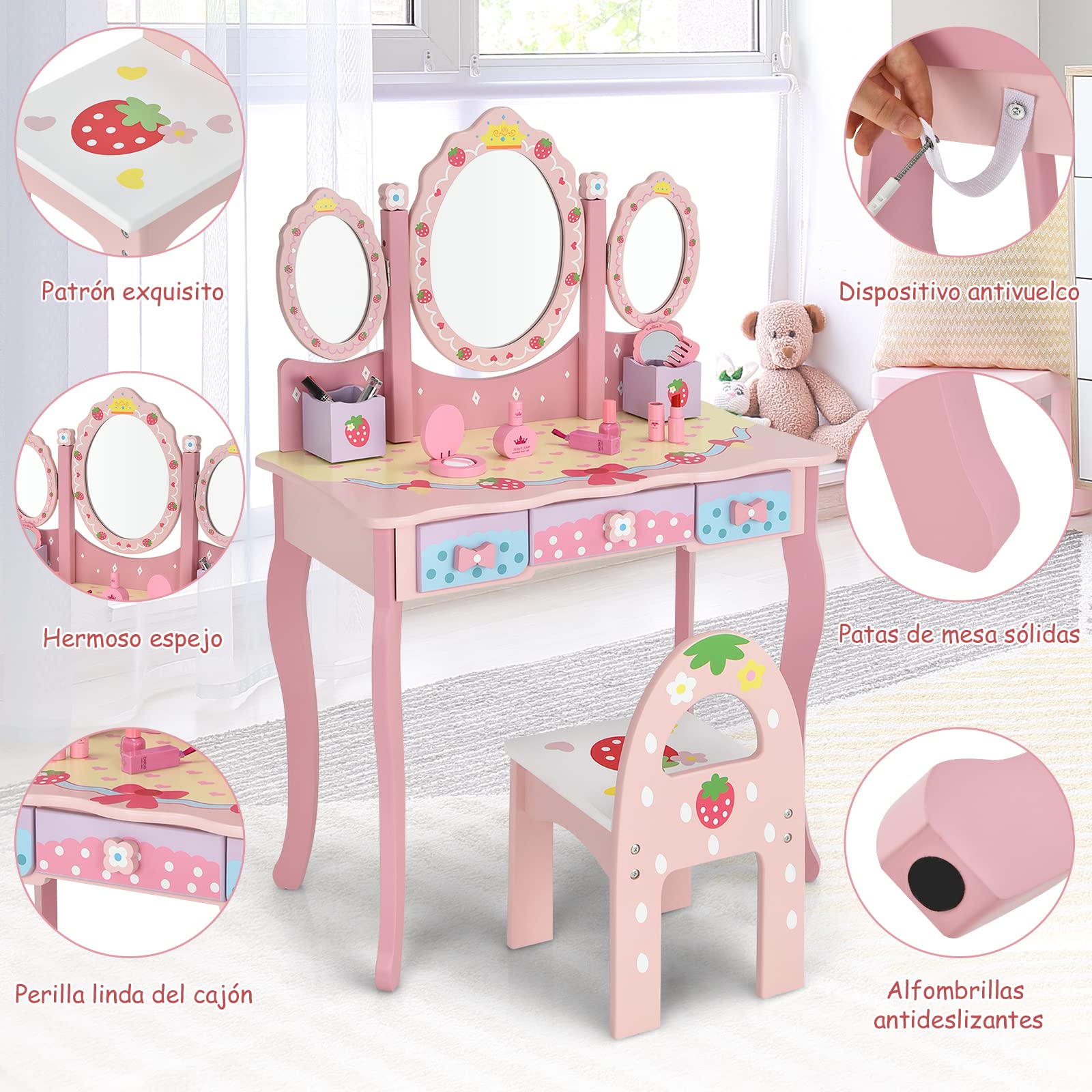 COSTWAY Tocador con Espejo Tripartido para Niños, Mesa de Maquillaje 3 Cajones 2 Cajas Taburete (Rosa)