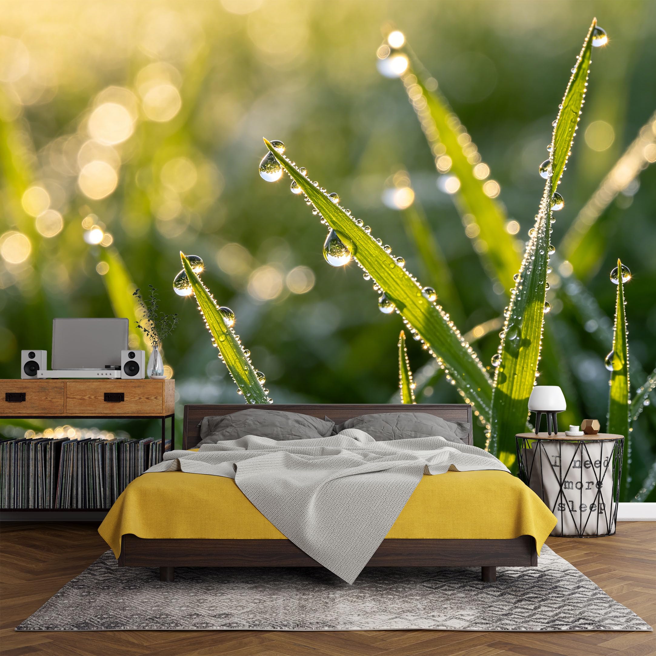 Custom Size Wall Mural， Botanical Morning Dew Drops on Green Leaves Nature Macro Photography，SelfAdhesive Art Prints wall Fabric(No PVC) Removable Wallpaper Living Room Decor