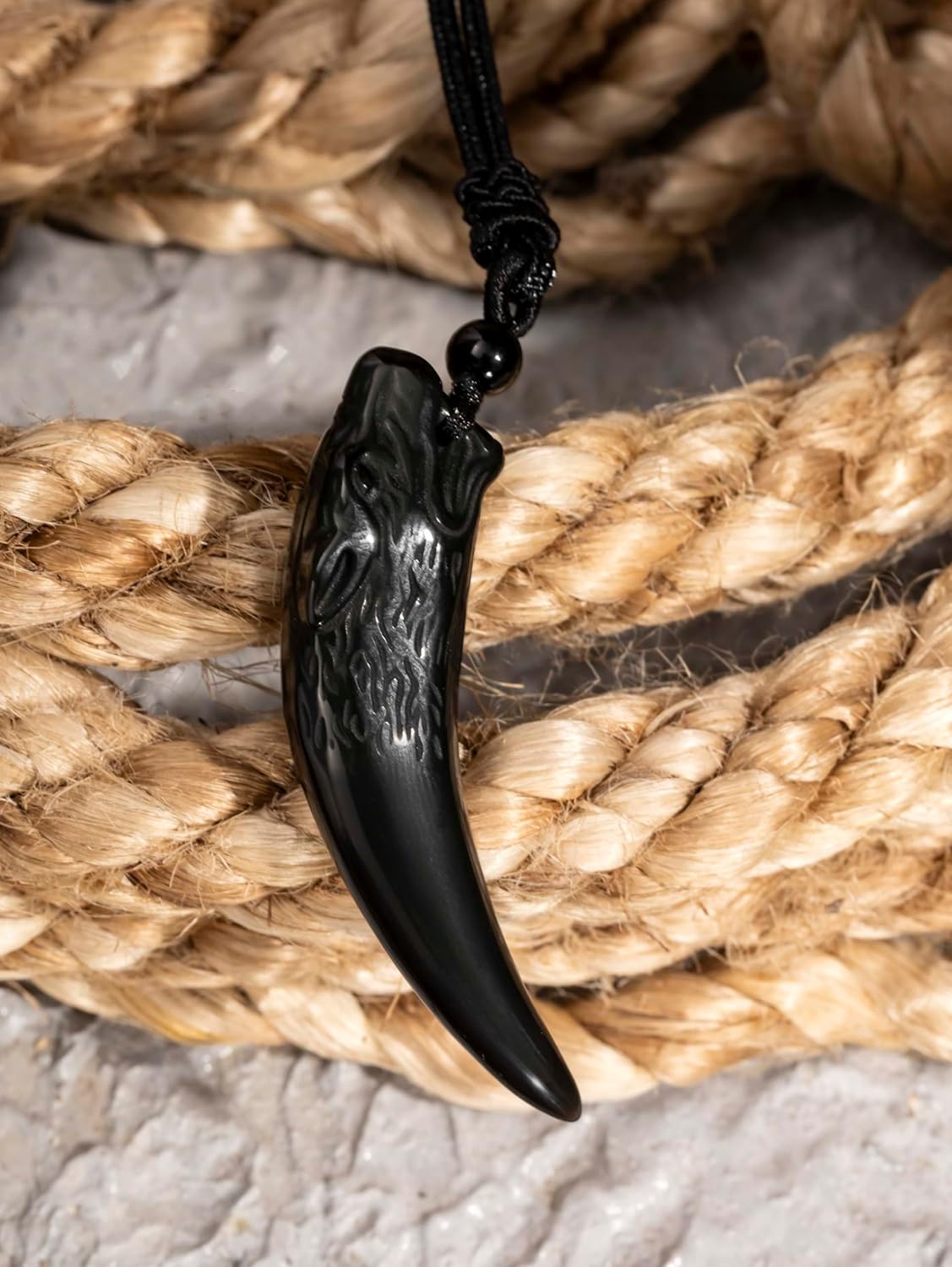 MINACHI Black Obsidian Tribal Wolf Tooth Pendant Necklace with Braided Cord, Wolf Jewelry Gift for Men and Women - Image 2